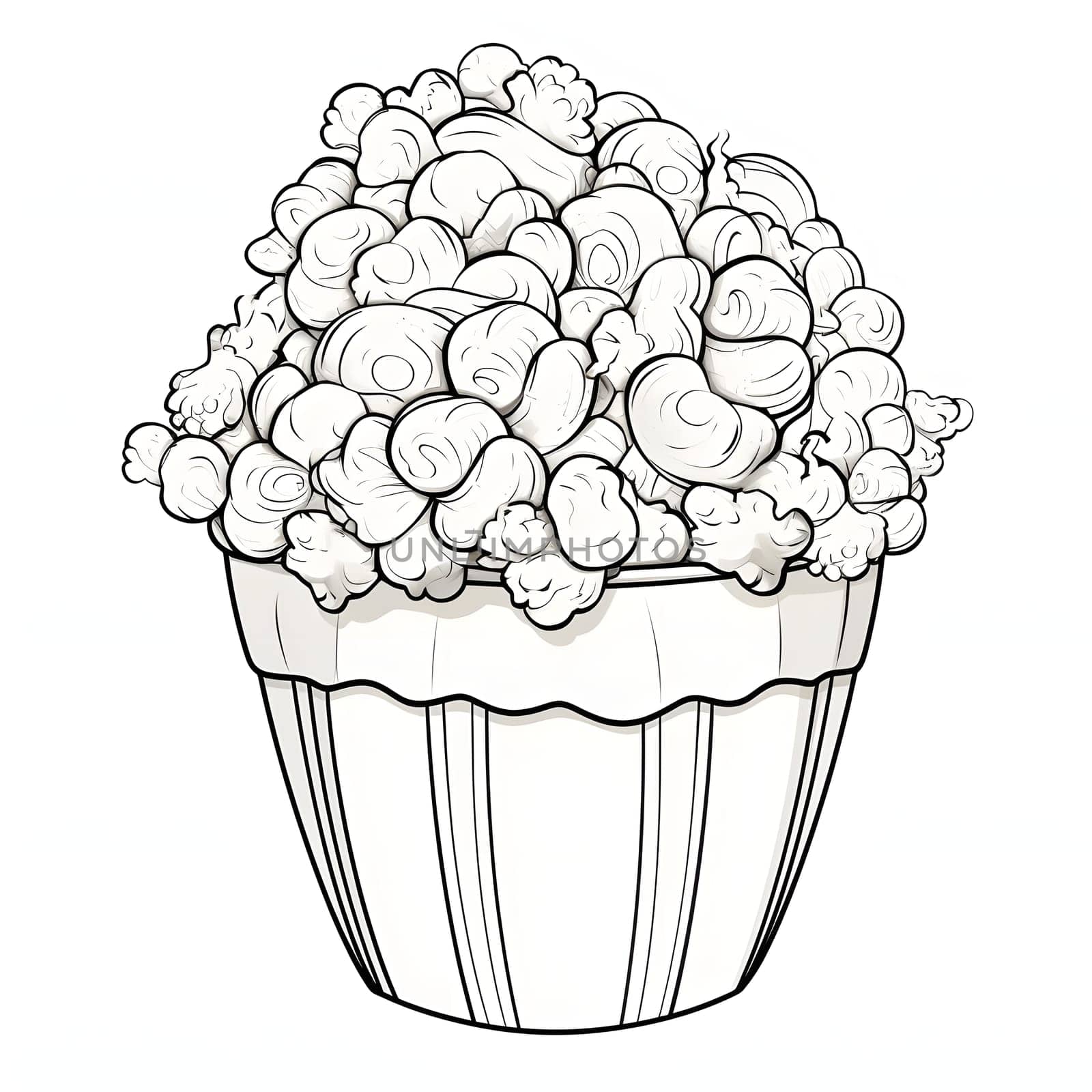 Black and White coloring book, popcorn bucket. Corn as a dish of thanksgiving for the harvest, a picture on a white isolated background. An atmosphere of joy and celebration.