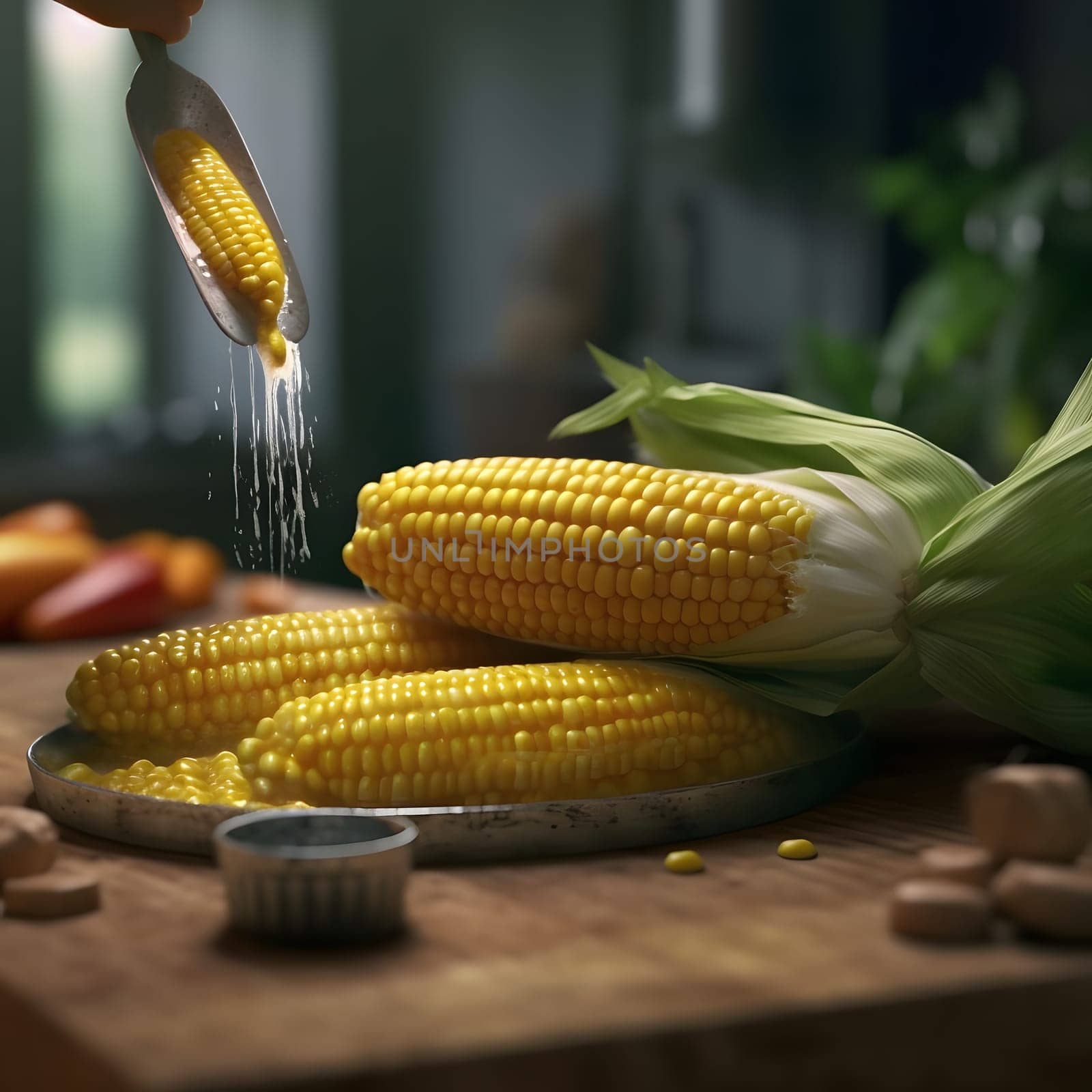 Yellow corn cobs on a wooden table top. Corn as a dish of thanksgiving for the harvest. An atmosphere of joy and celebration.