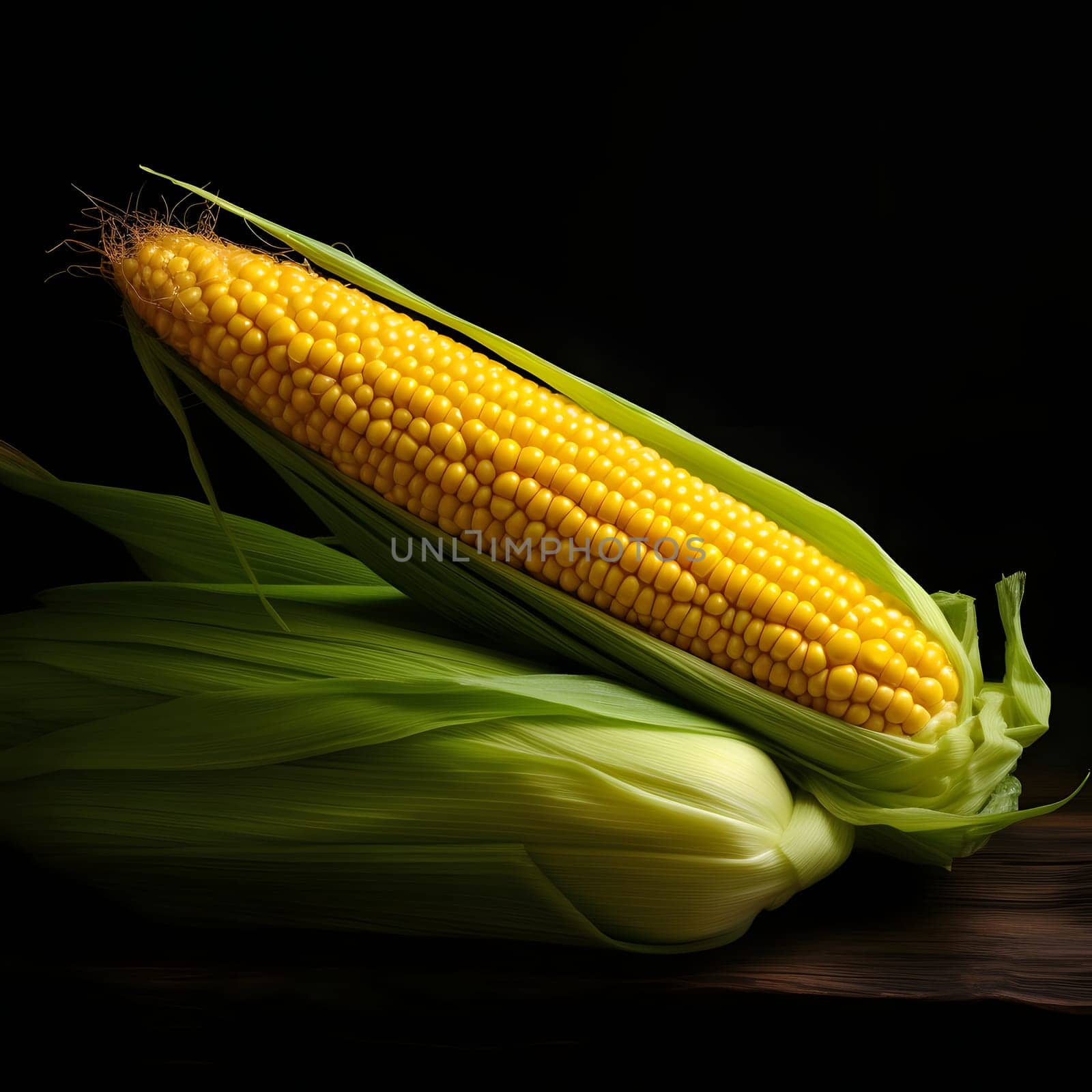 Two corn cobs one yellow the other in green Leaf on black background. Corn as a dish of thanksgiving for the harvest. An atmosphere of joy and celebration.
