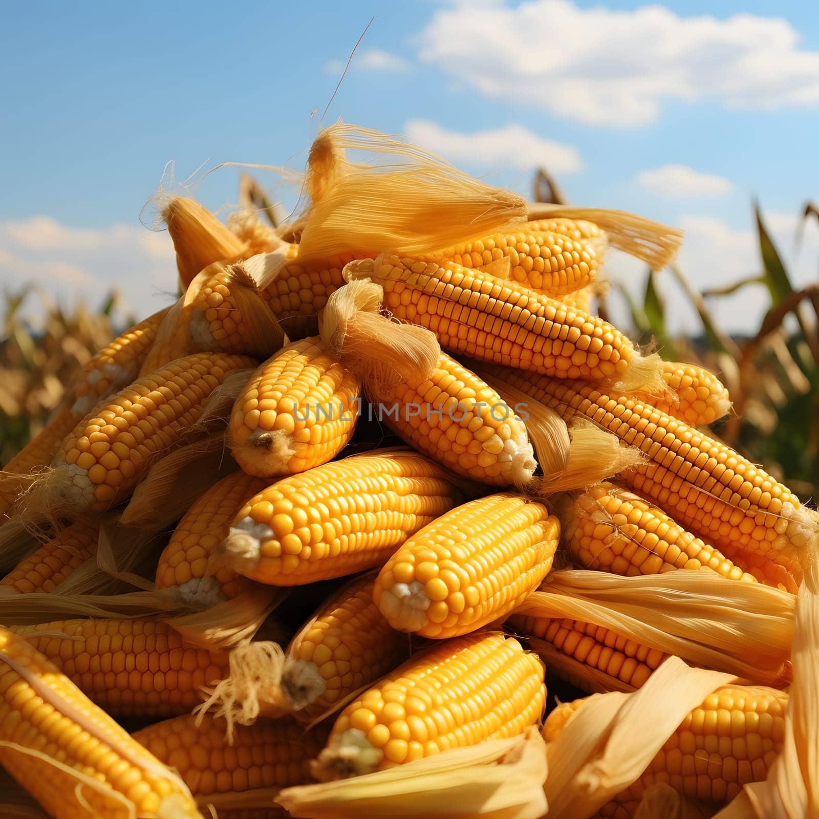 A pile of yellow corn cobs in a field. Autumn harvest. Corn as a dish of thanksgiving for the harvest. An atmosphere of joy and celebration.