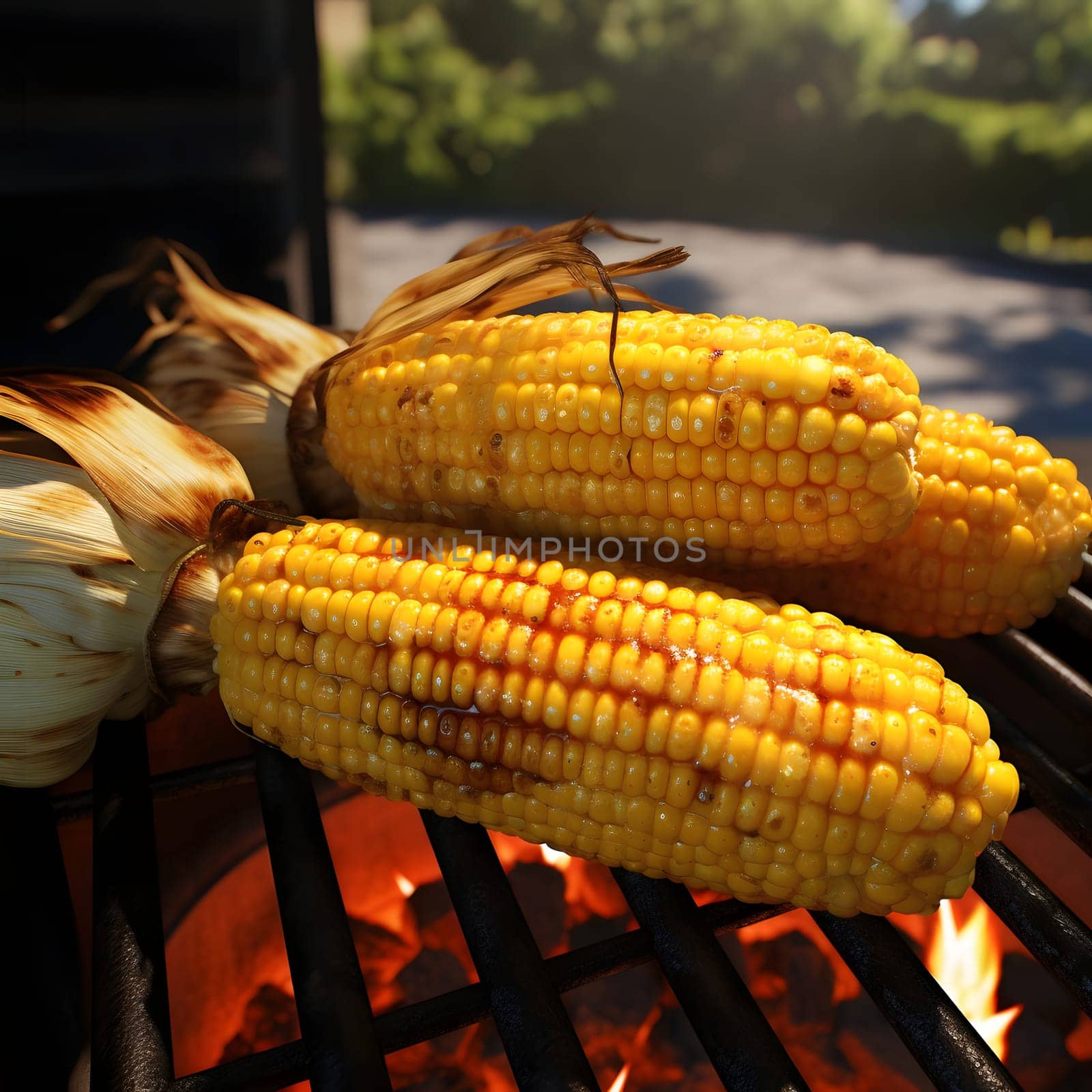 Yellow corn cobs toasted on the grill. Corn as a dish of thanksgiving for the harvest. An atmosphere of joy and celebration.