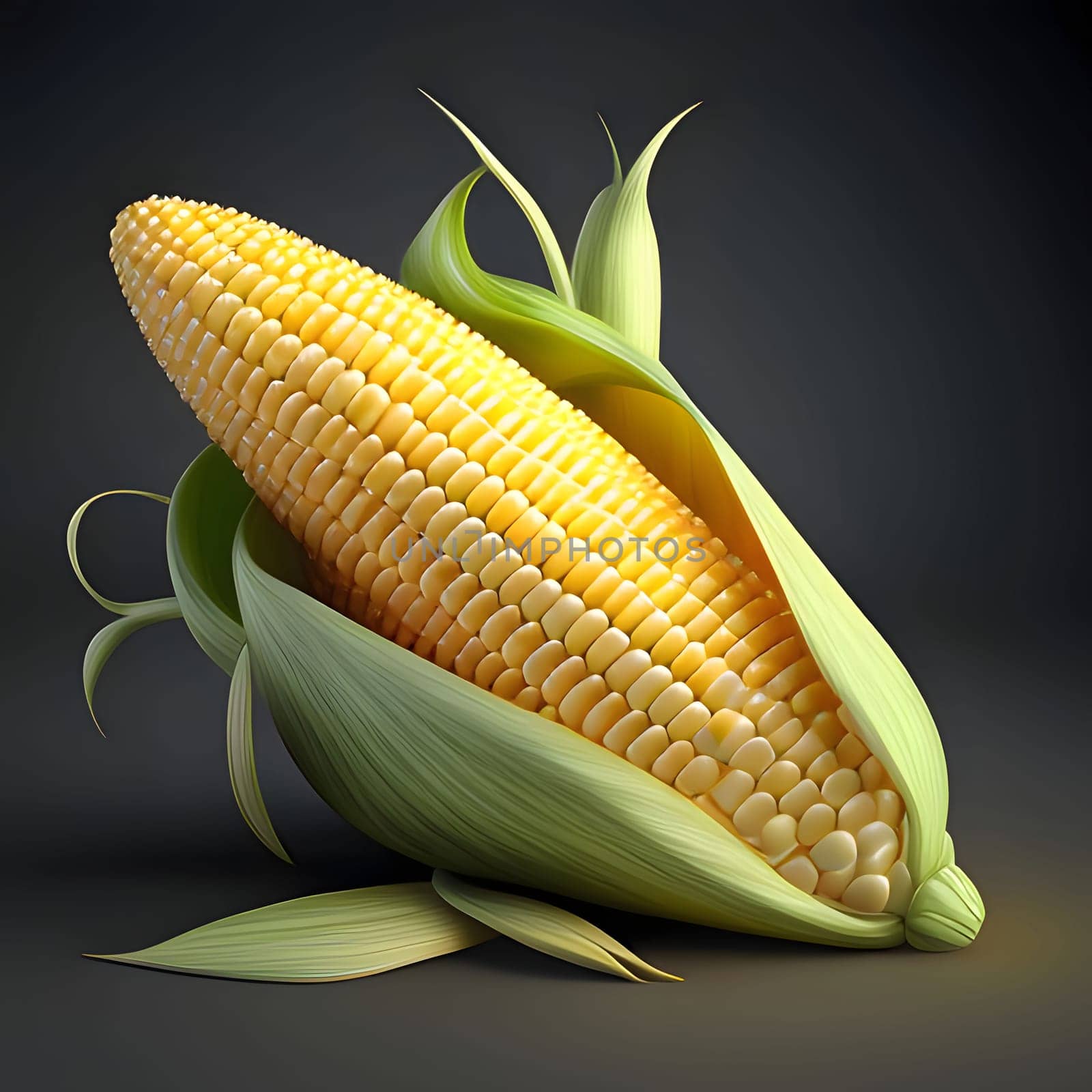 Illustration of corn cob in green leaf on dark background. Corn as a dish of thanksgiving for the harvest. by ThemesS