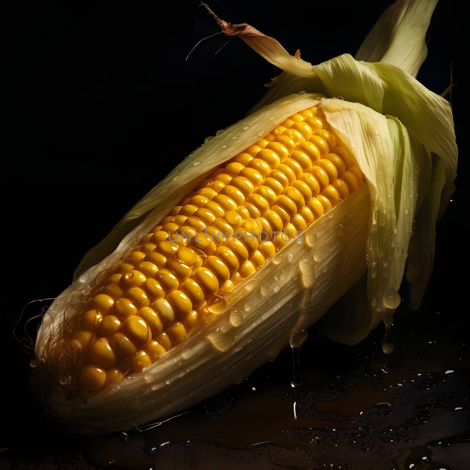 Yellow Corn Cob in Green Leaf, Dripping drops of water, dark background. Corn as a dish of thanksgiving for the harvest. An atmosphere of joy and celebration.