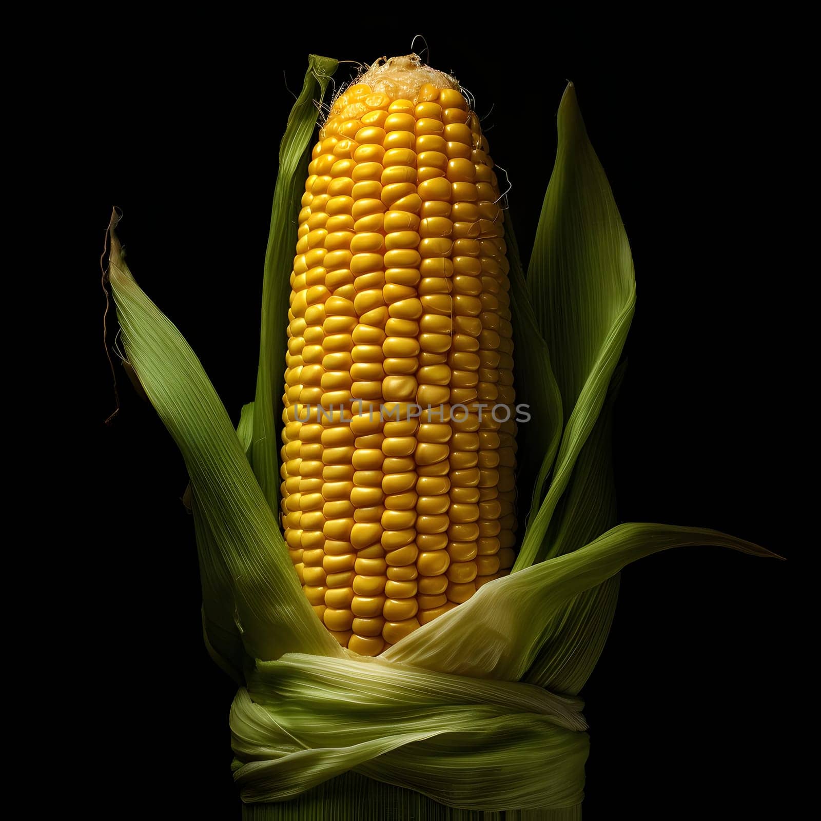 Foam standing large corn cob in Green Leaf Black isolated background. Corn as a dish of thanksgiving for the harvest. An atmosphere of joy and celebration.