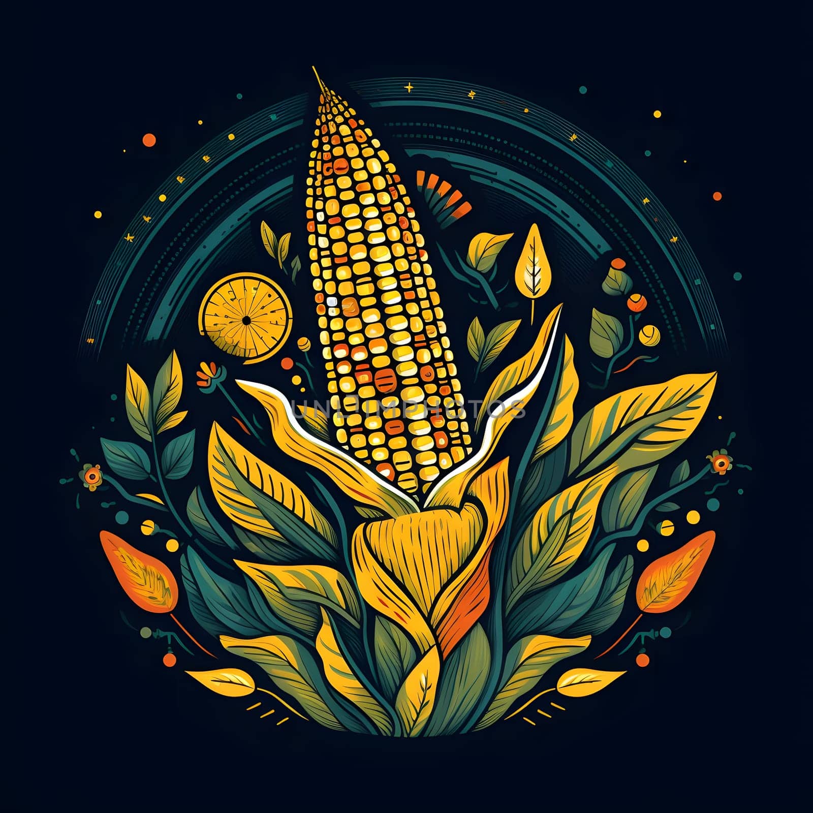 Logo corn cob in leaf in circle on solid dark background. Corn as a dish of thanksgiving for the harvest. An atmosphere of joy and celebration.