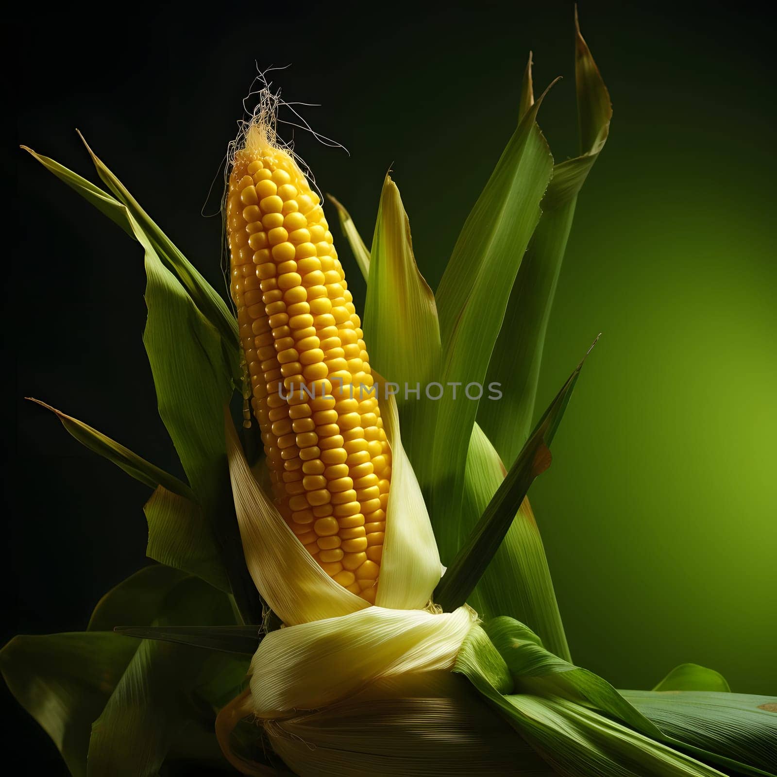 Yellow corn cob with Green leaf on green background. Corn as a dish of thanksgiving for the harvest. by ThemesS