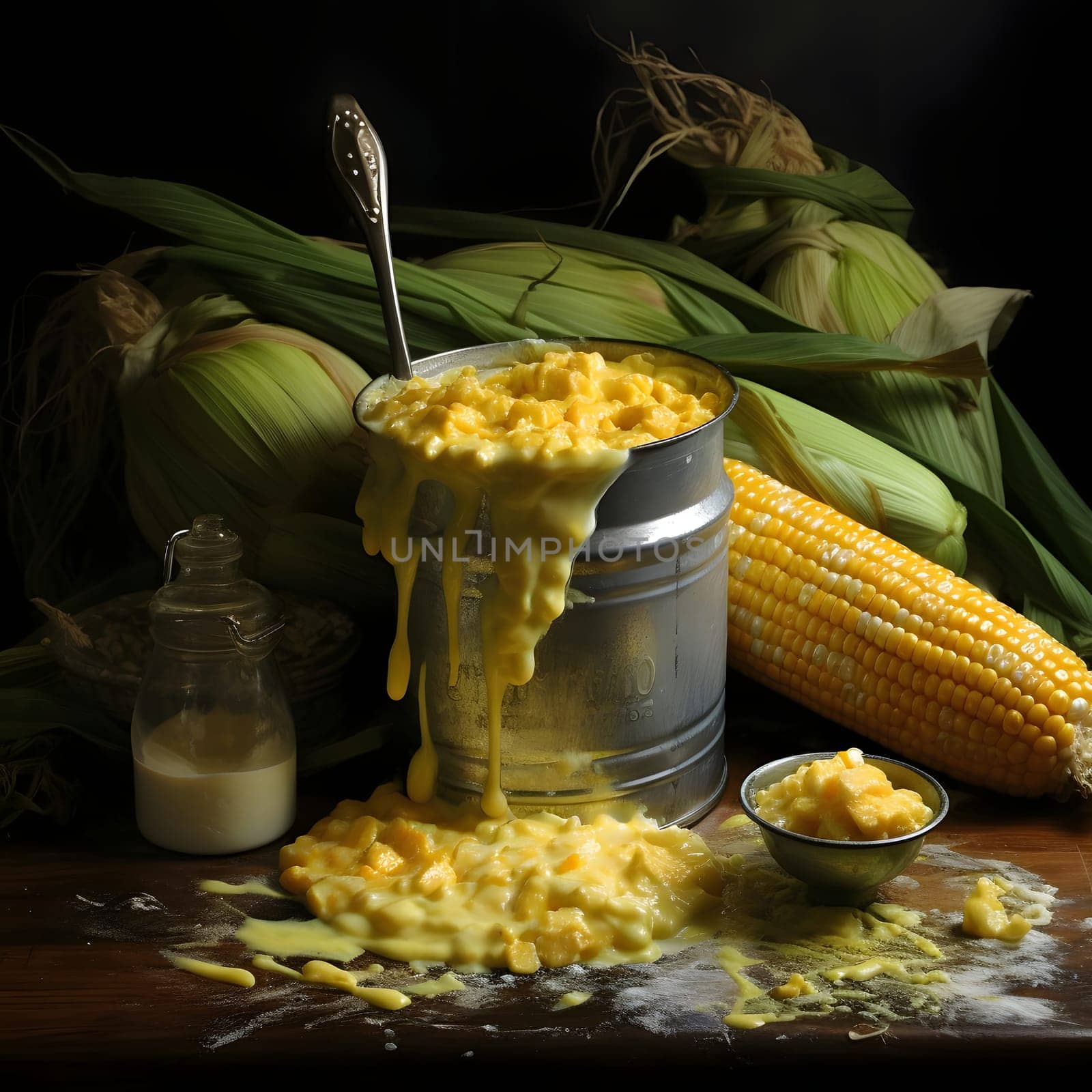 Metal container for corn paste with corn cobs in the background. Corn as a dish of thanksgiving for the harvest. An atmosphere of joy and celebration.