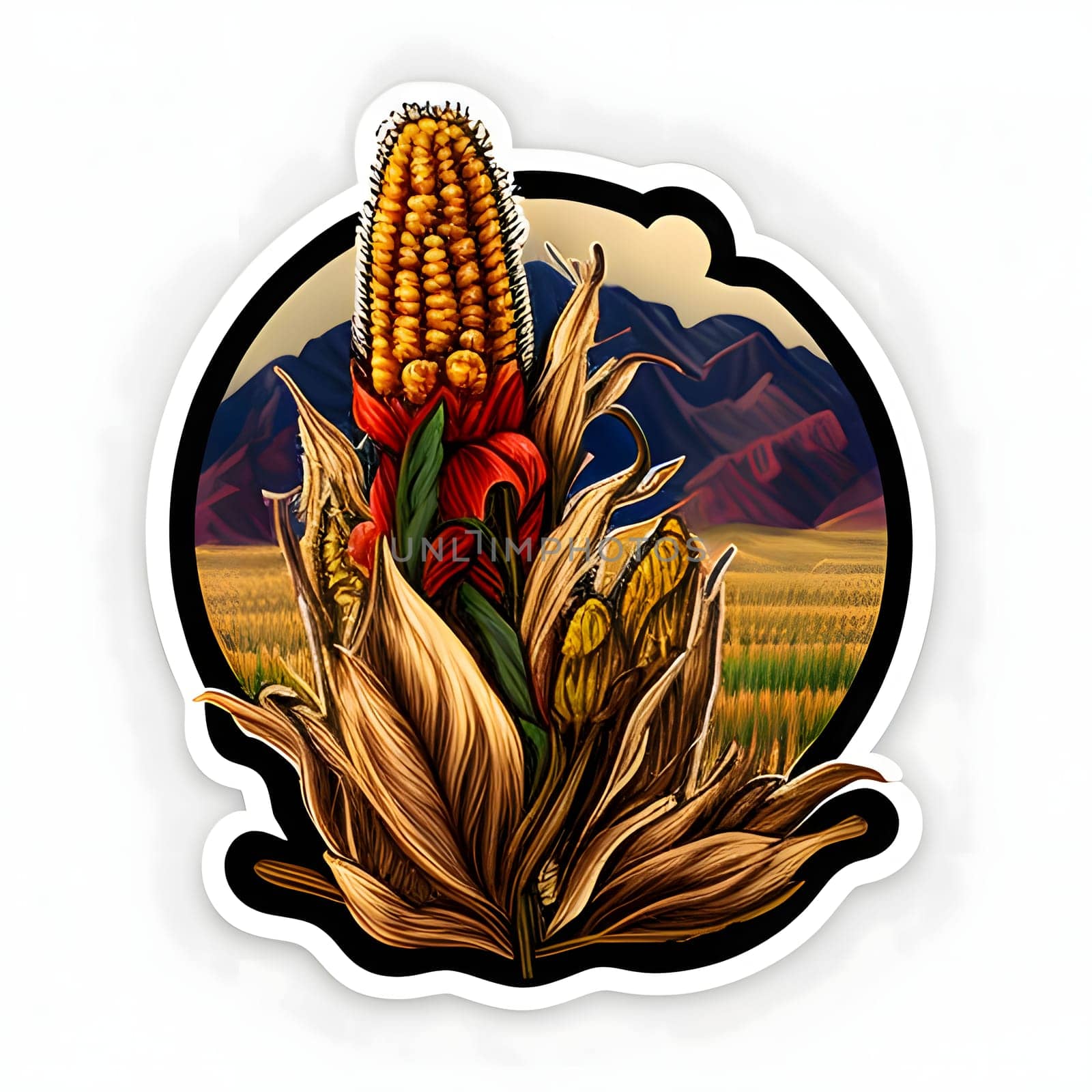 Sticker corn cob on the background of a field and mountains. Corn as a dish of thanksgiving for the harvest, a picture on a white isolated background. An atmosphere of joy and celebration.