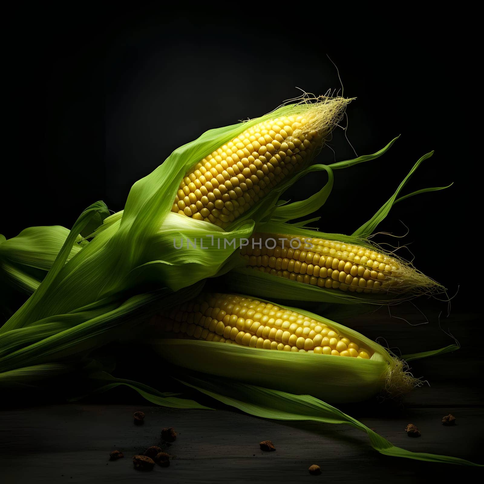 Three corn cobs with green leaves on wooden boards, black background. Corn as a dish of thanksgiving for the harvest. An atmosphere of joy and celebration.