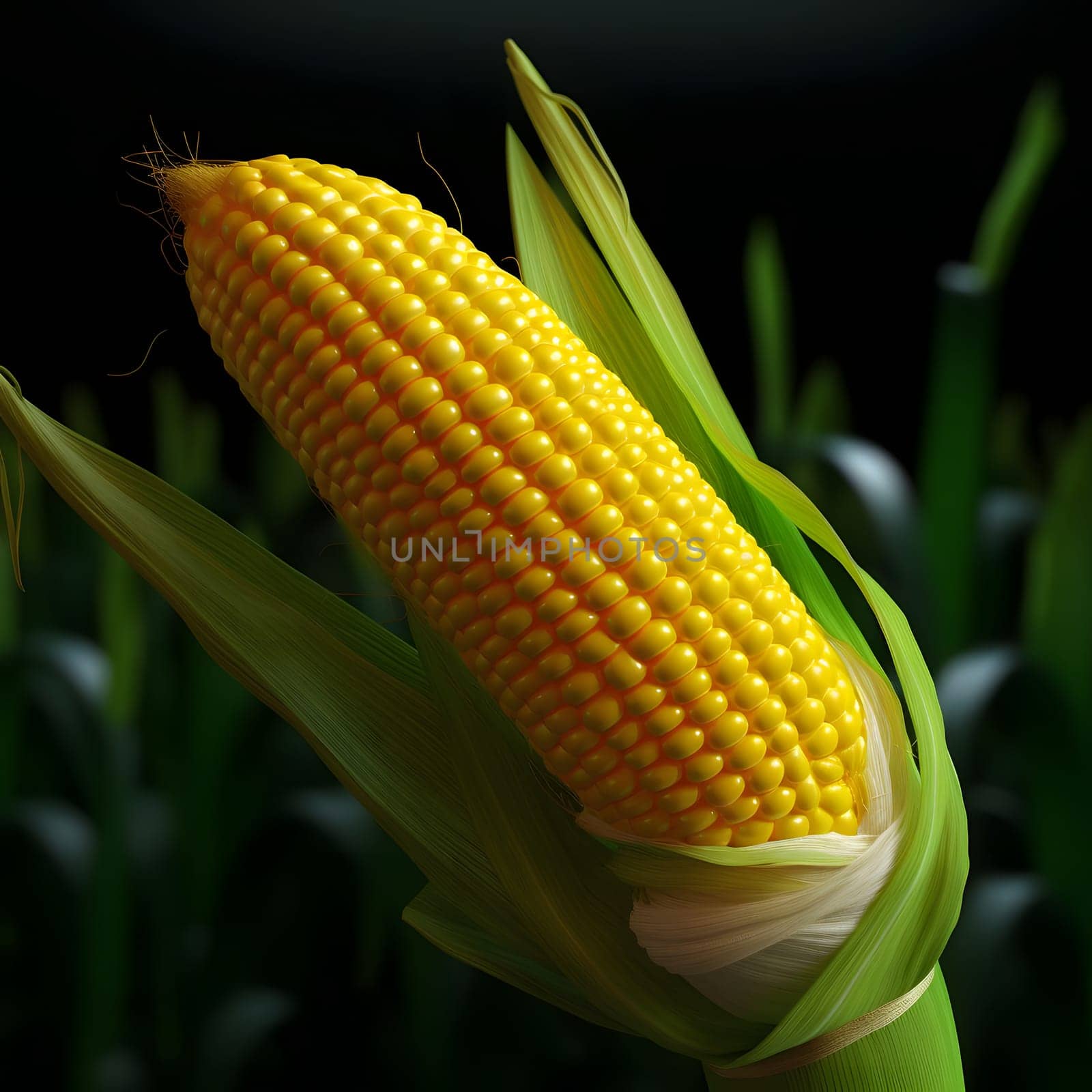 Yellow cob, corn on a green stalk, corn field at night. Corn as a dish of thanksgiving for the harvest. An atmosphere of joy and celebration.