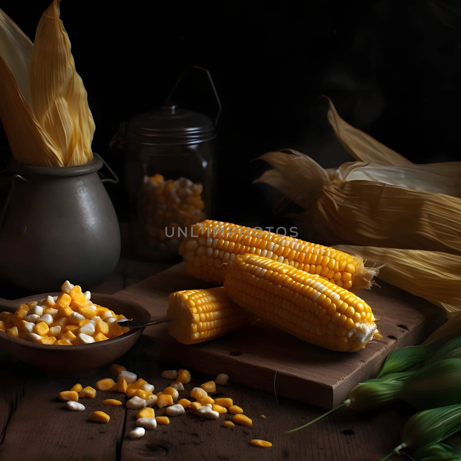 Yellow corn cobs on a kitchen board around corn kernels and leaves dark background. Corn as a dish of thanksgiving for the harvest. An atmosphere of joy and celebration.