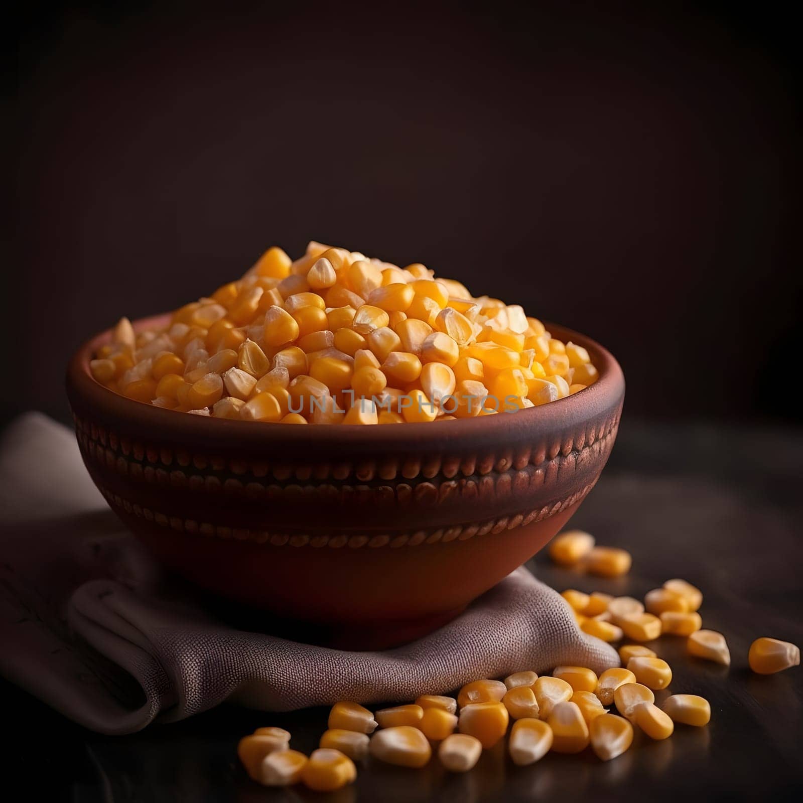 Small bowl filled with corn kernels, black background. Corn as a dish of thanksgiving for the harvest. An atmosphere of joy and celebration.