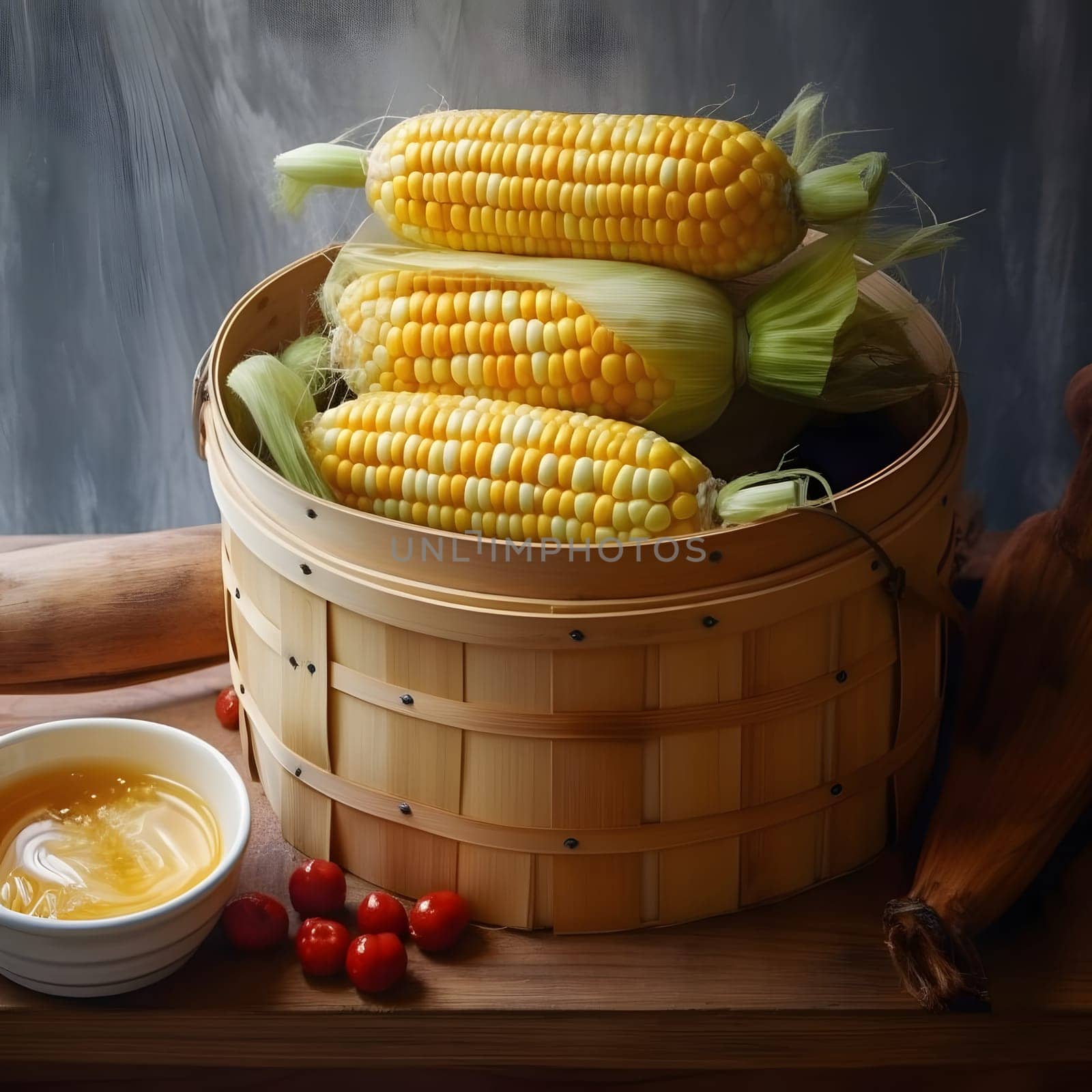 Yellow corn cobs on a wooden bucket. Corn as a dish of thanksgiving for the harvest. An atmosphere of joy and celebration.