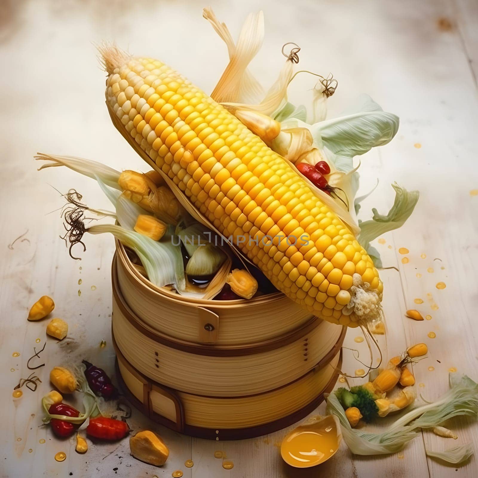 Yellow corn cobs on a wooden bucket. Corn as a dish of thanksgiving for the harvest. An atmosphere of joy and celebration.