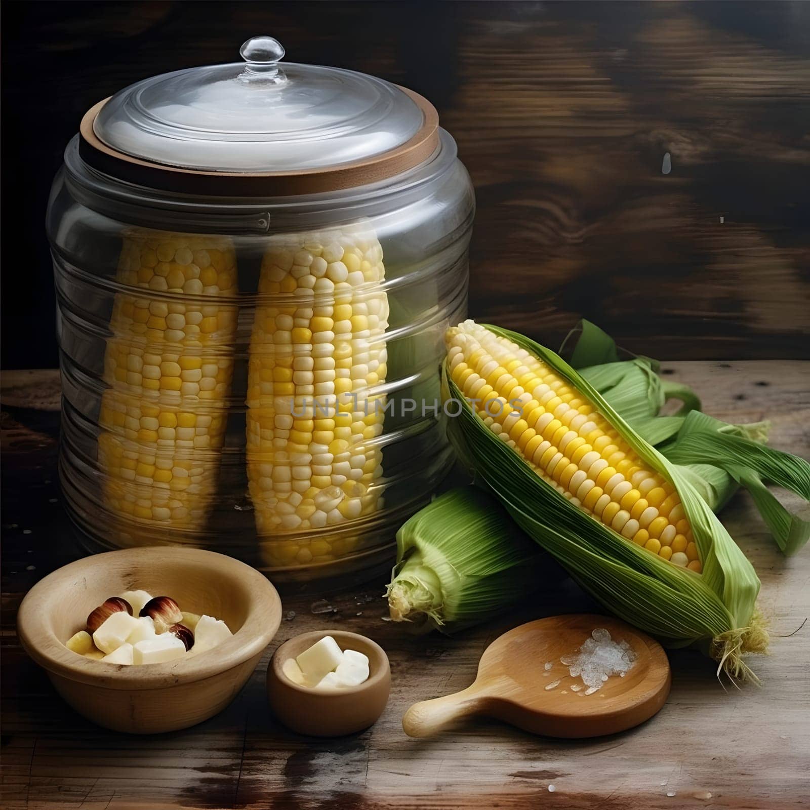 Corn cobs in a glass container on a wooden countertop. Corn as a dish of thanksgiving for the harvest. An atmosphere of joy and celebration.