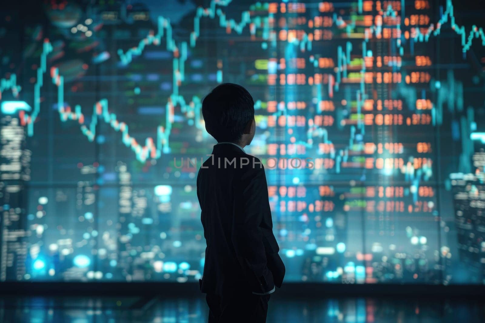 wide view stock market graph growthing up on digital wall and full body Kid Businessman in suit