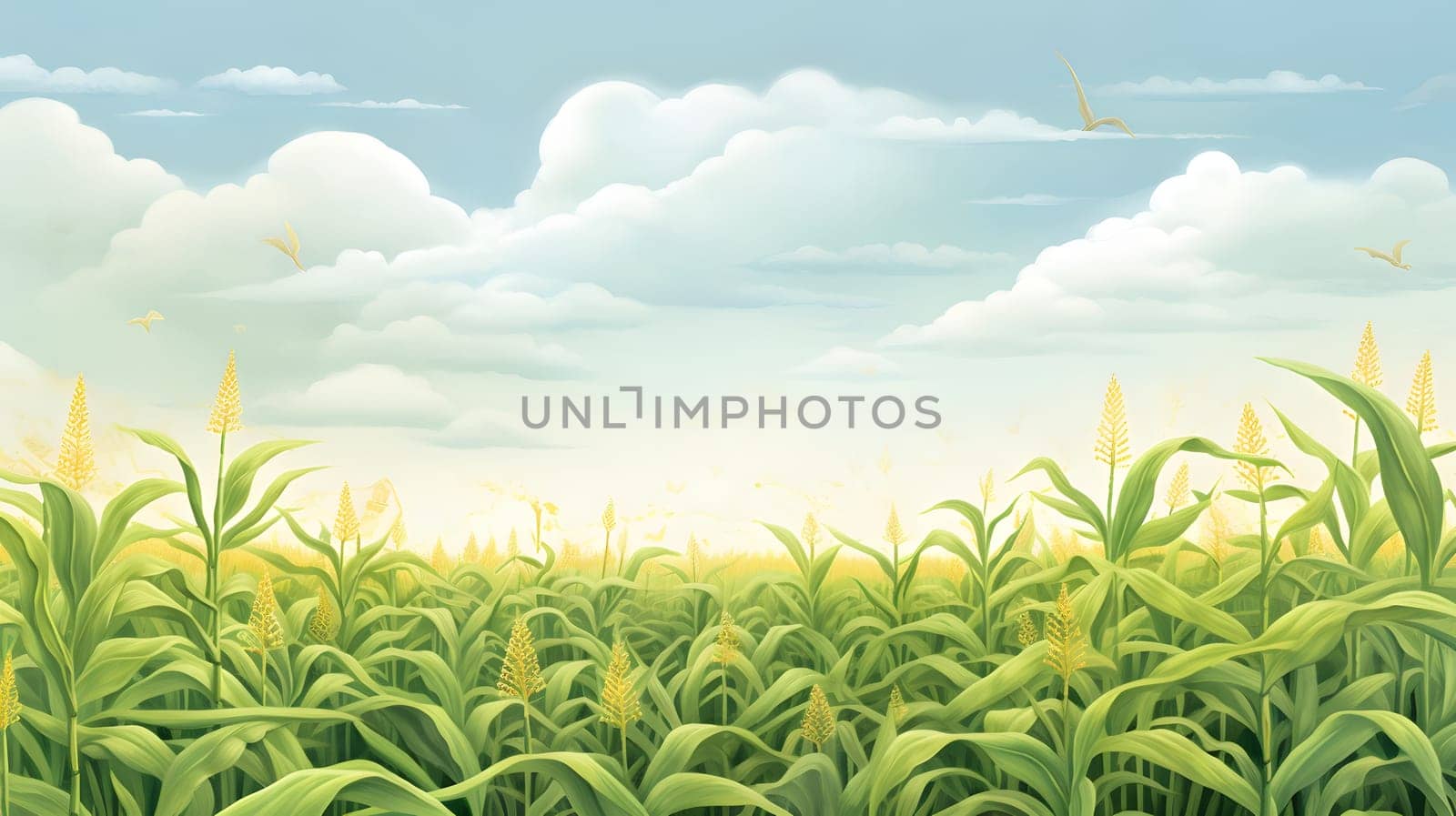 Endless corn field and sky with clouds., banner with space for your own content. Blurred background. Blank space for caption.