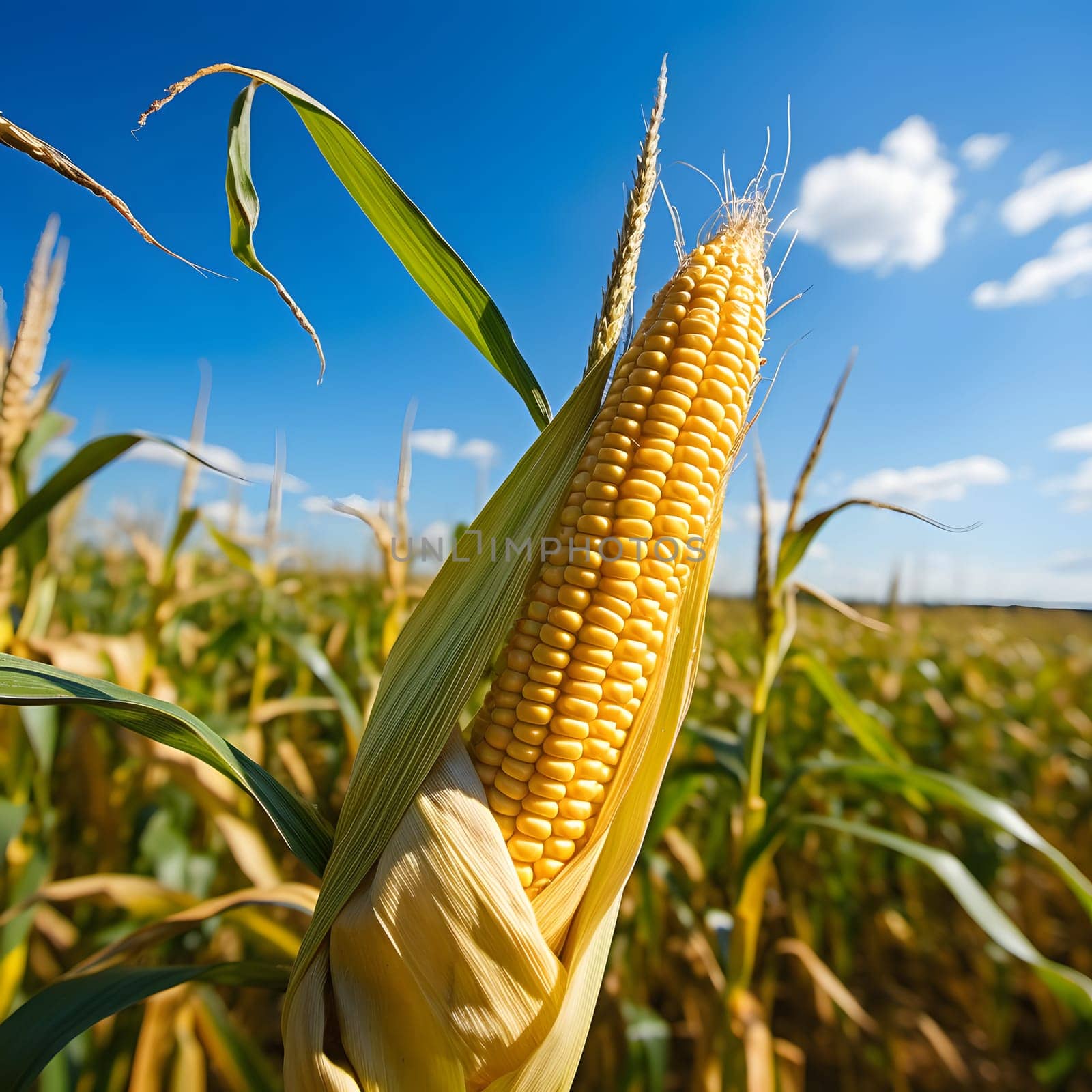 Yellow corn cob against a field and sky. Corn as a dish of thanksgiving for the harvest. by ThemesS