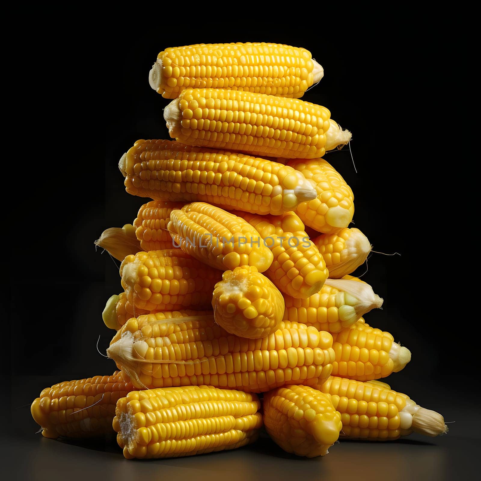 Yellow corn cobs stacked on a black isolated background. Corn as a dish of thanksgiving for the harvest. An atmosphere of joy and celebration.