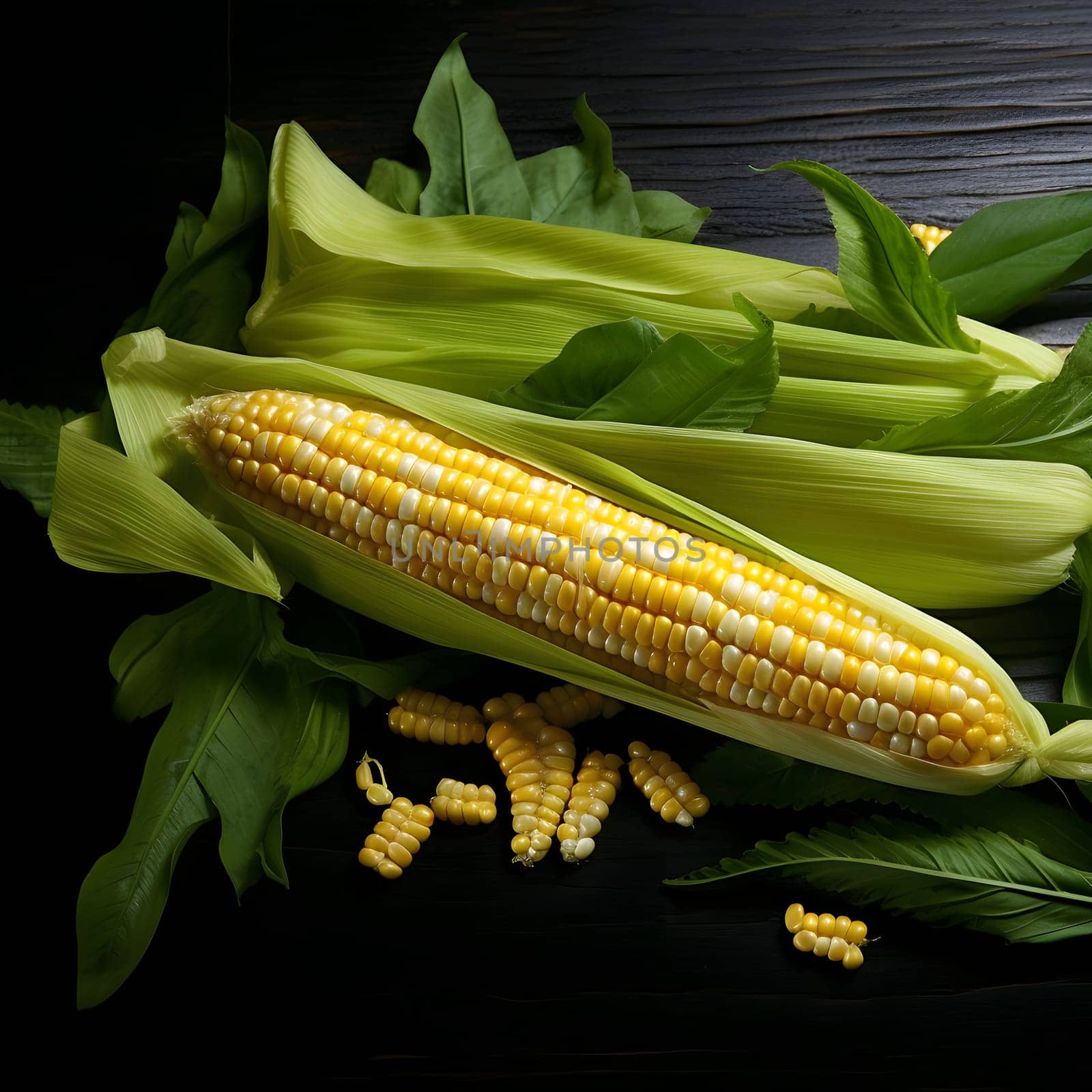 Yellow-white kernels in a corn cob arranged on leaves. Corn as a dish of thanksgiving for the harvest. An atmosphere of joy and celebration.