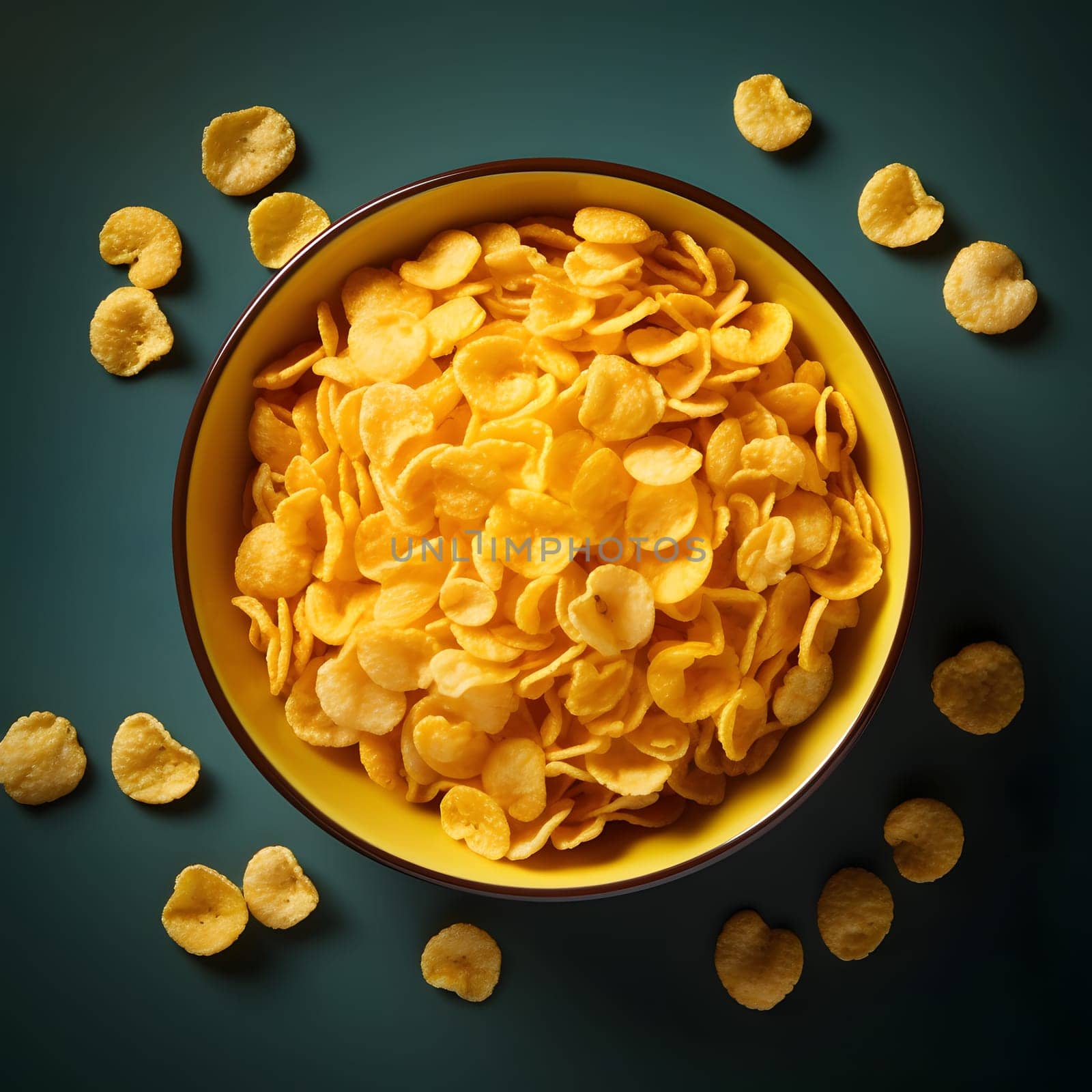 Bowl with cornflakes on a dark background. Corn as a dish of thanksgiving for the harvest. by ThemesS