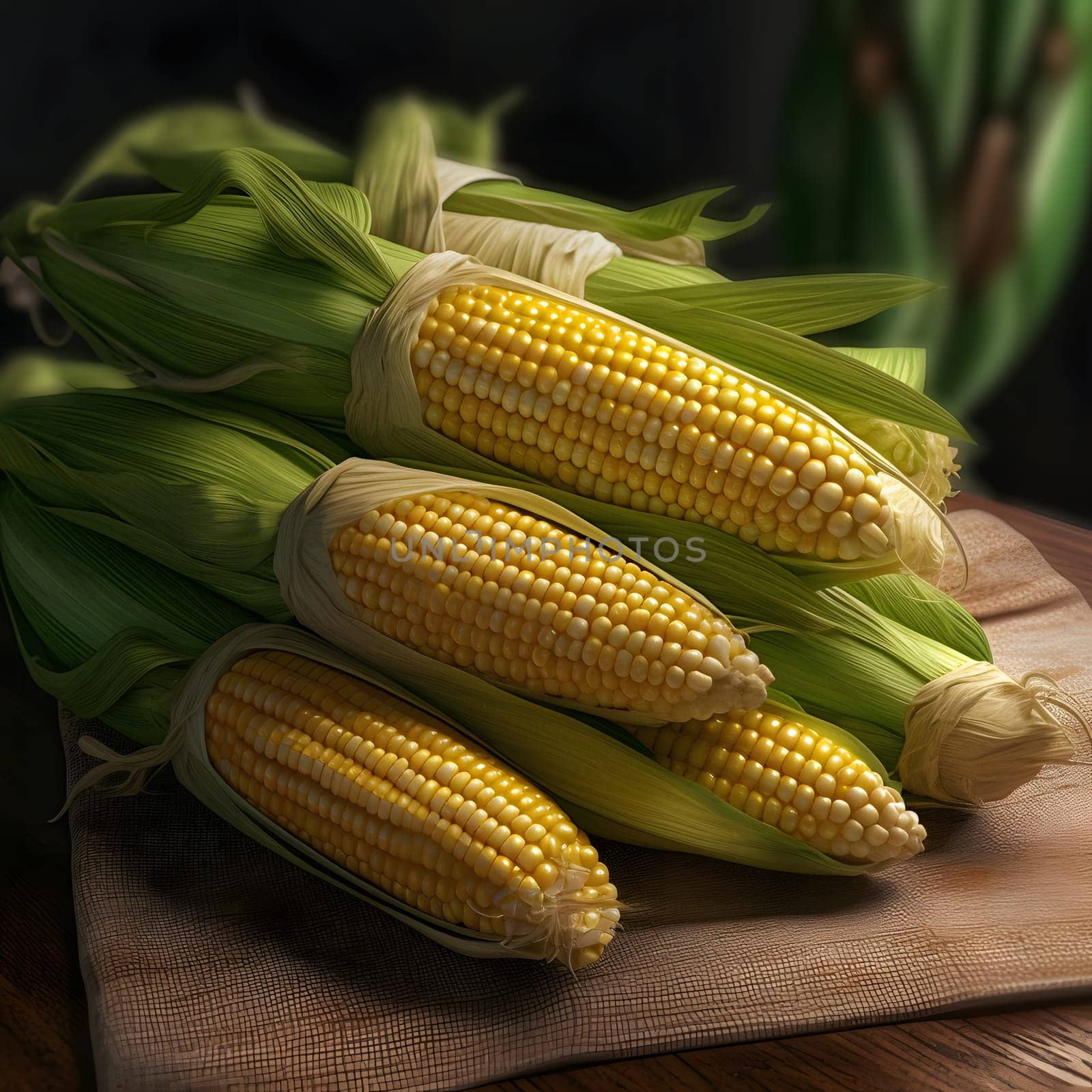Yellow corn cobs with leaves on a fabric background. Corn as a dish of thanksgiving for the harvest. An atmosphere of joy and celebration.