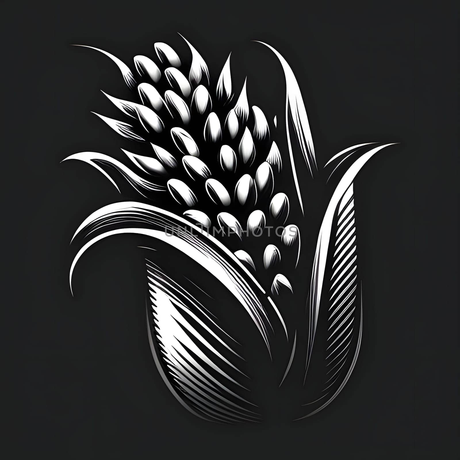Logo corn cob with leaf engraving black and white sketch. Corn as a dish of thanksgiving for the harvest. An atmosphere of joy and celebration.