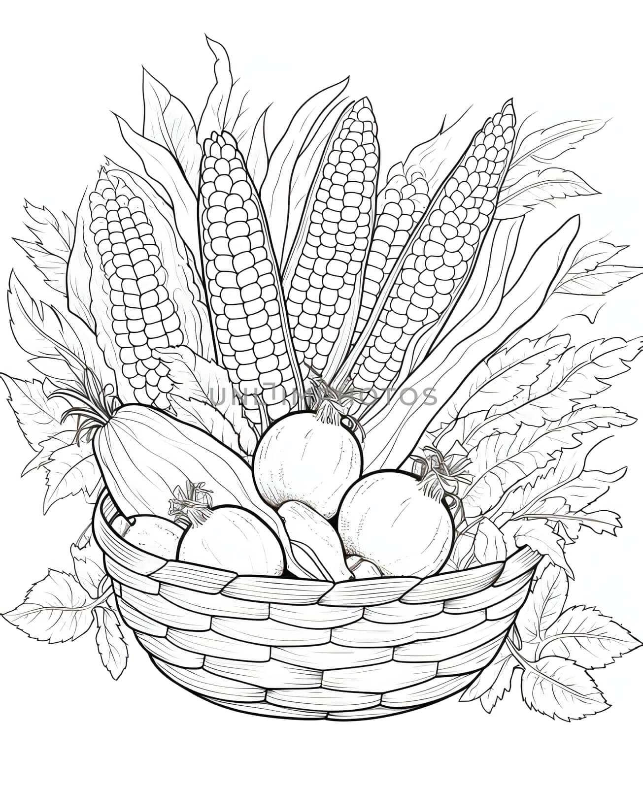 Black and White coloring book wicker basket, full of vegetables, fruits leaves, corn cobs. Corn as a dish of thanksgiving for the harvest, a picture on a white isolated background. An atmosphere of joy and celebration.