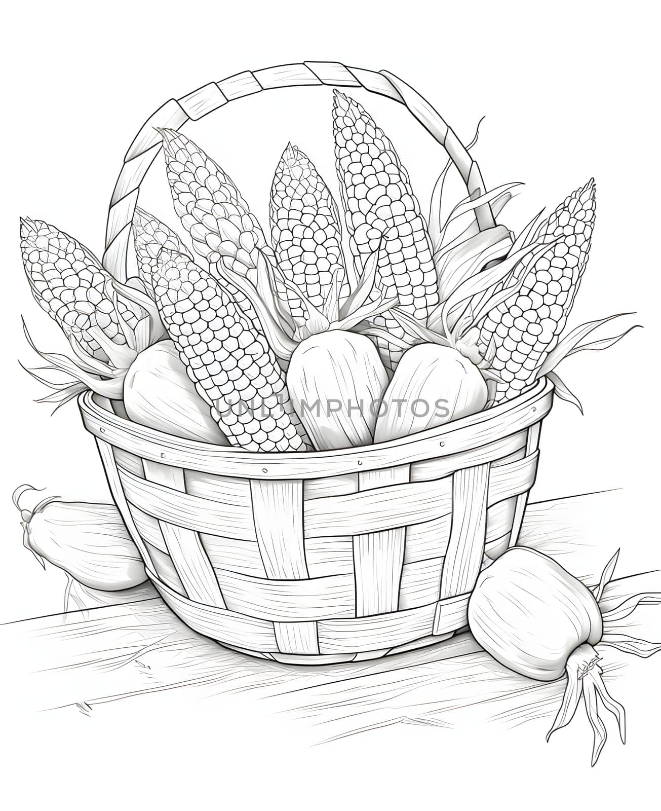 Black and White coloring book wicker basket, full of vegetables, fruits leaves, corn cobs. Corn as a dish of thanksgiving for the harvest, a picture on a white isolated background. An atmosphere of joy and celebration.
