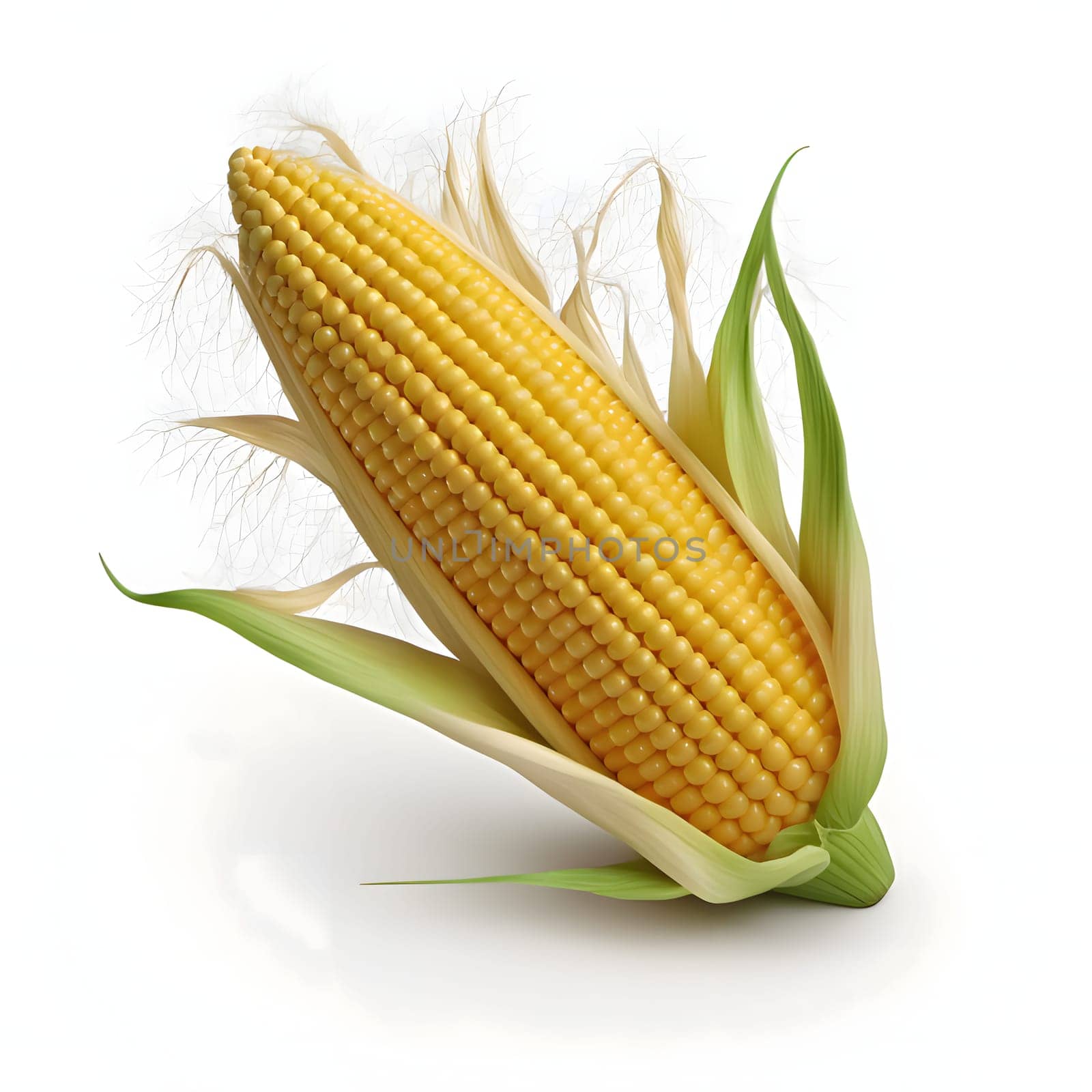 3D illustration of a yellow corn cob in a leaf. Corn as a dish of thanksgiving for the harvest, a picture on a white isolated background. An atmosphere of joy and celebration.