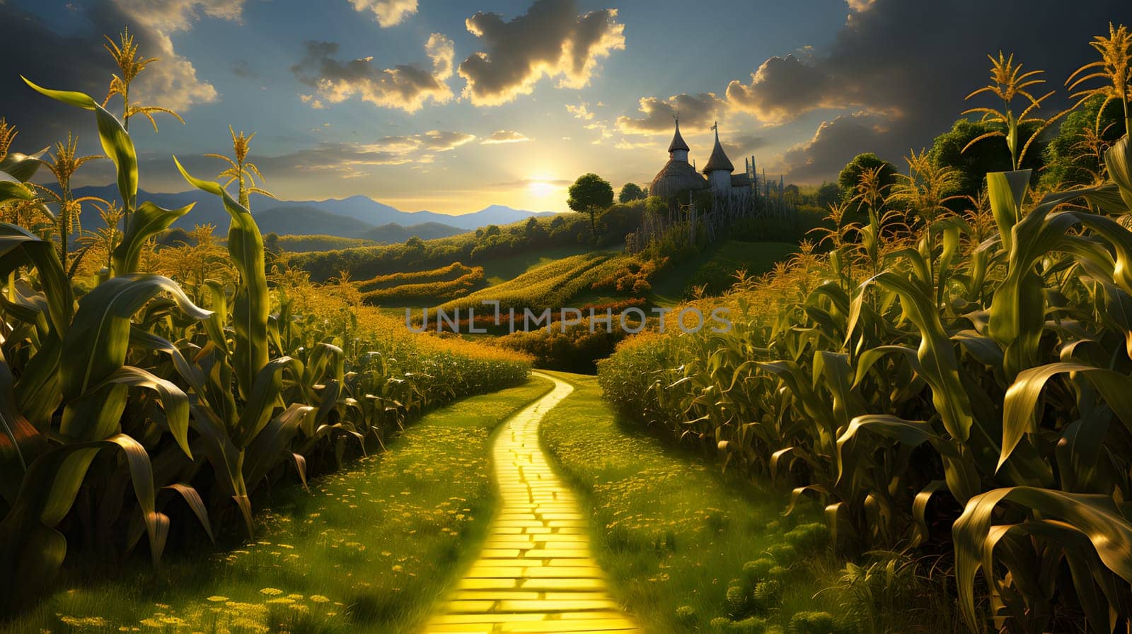 Old path between corn fields in the background of the clearing and houses. Sunset. Corn as a dish of thanksgiving for the harvest. An atmosphere of joy and celebration.