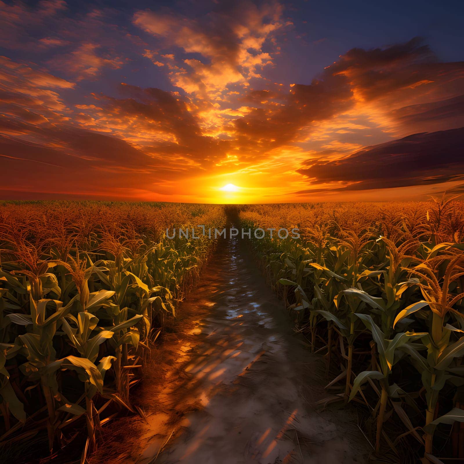A path in a corn field at sunset or sunrise. Corn as a dish of thanksgiving for the harvest. An atmosphere of joy and celebration.