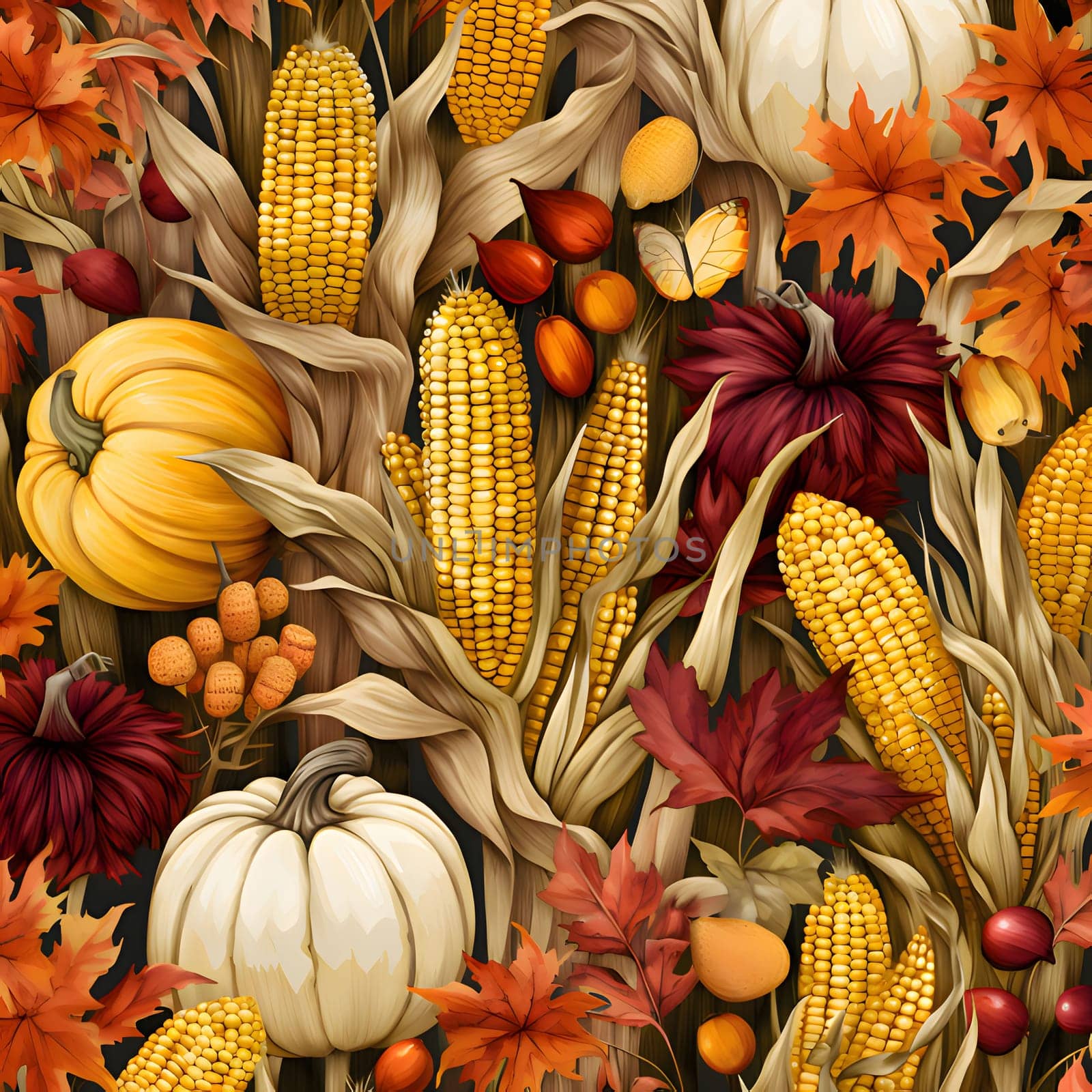 Elegant and modern. Corns, cobs, leaves, pumpkins, as abstract background, wallpaper, banner, texture design with pattern - vector. Dark colors.