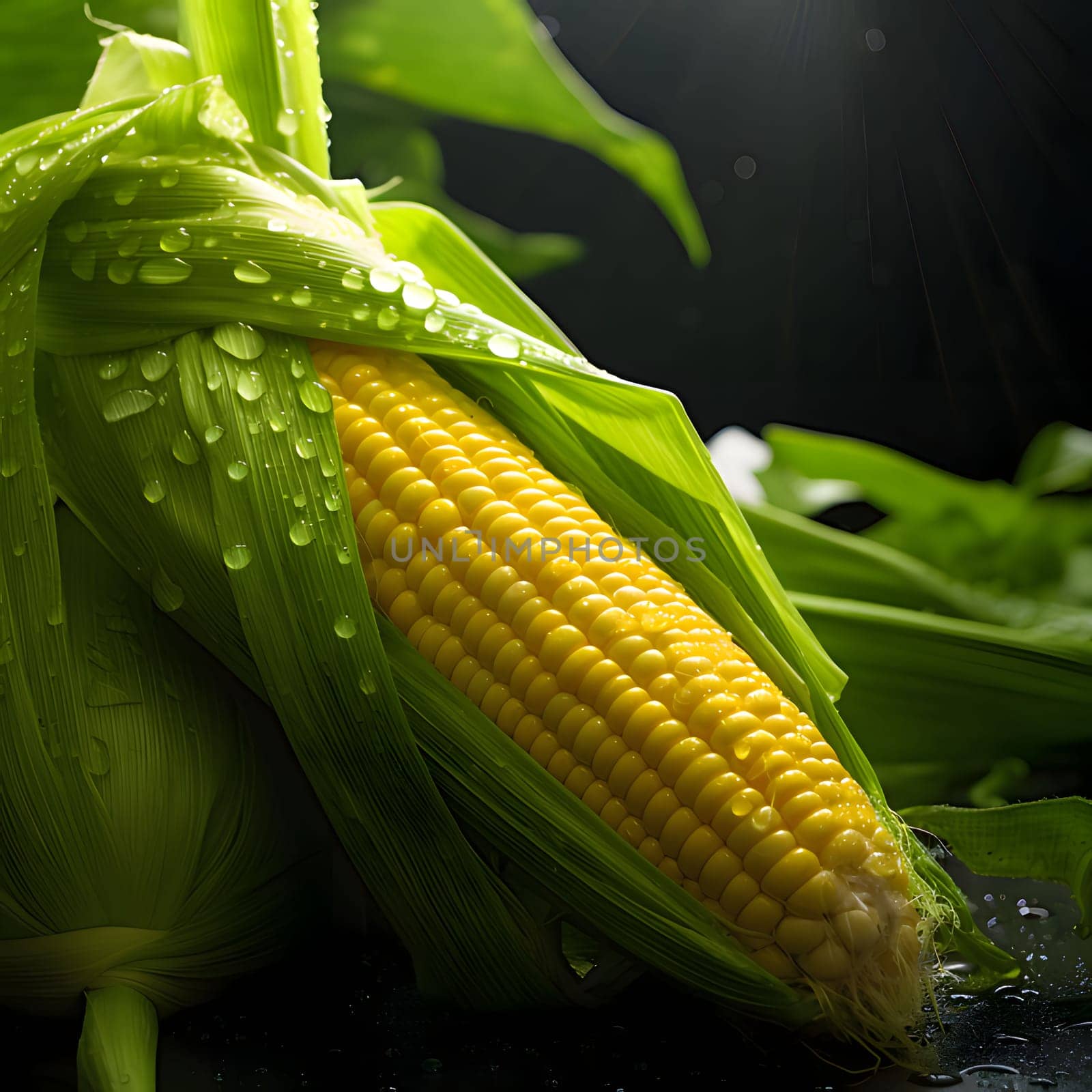 Yellow corn cob in Green Leaf, raindrops of water. Corn as a dish of thanksgiving for the harvest. by ThemesS