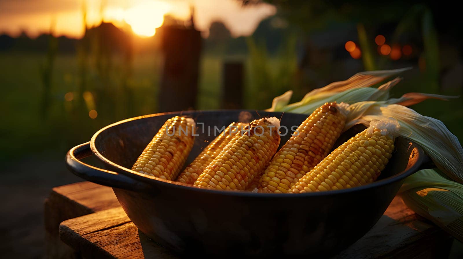 Cobs of corn in a metal pot on a wooden top prepared for the campfire seen in the background. Corn as a dish of thanksgiving for the harvest. An atmosphere of joy and celebration.