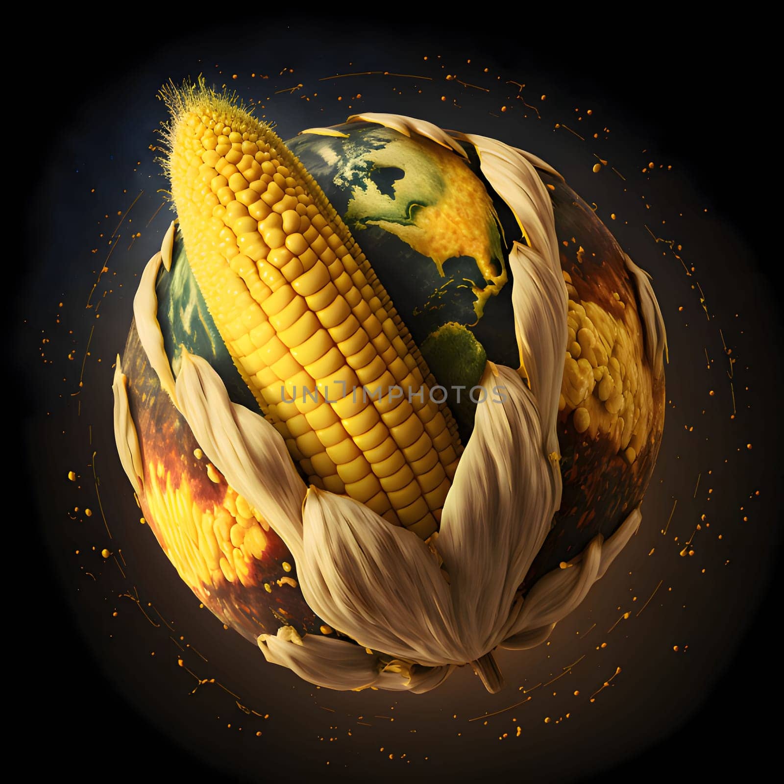 Cob of corn surrounding the earth planets on a black background. Corn as a dish of thanksgiving for the harvest. An atmosphere of joy and celebration.