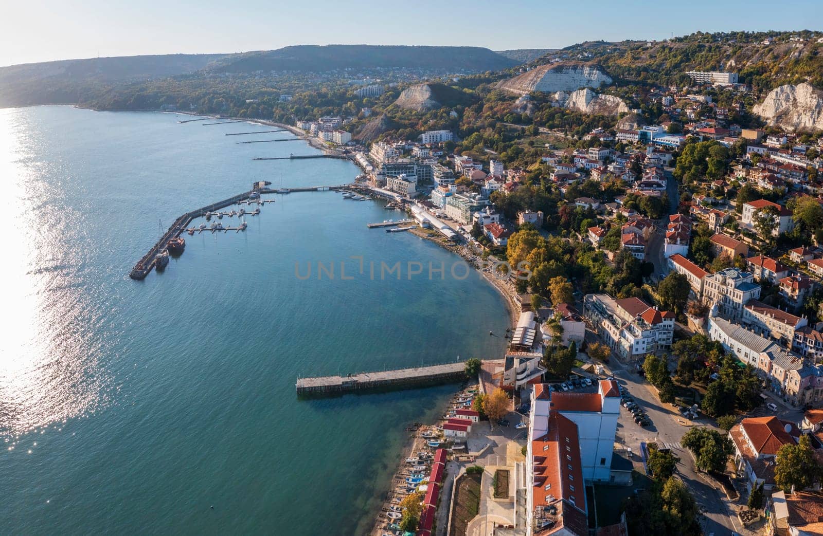 Scenic aerial view from drone of coast Balchik city in the Black sea, Bulgaria by EdVal