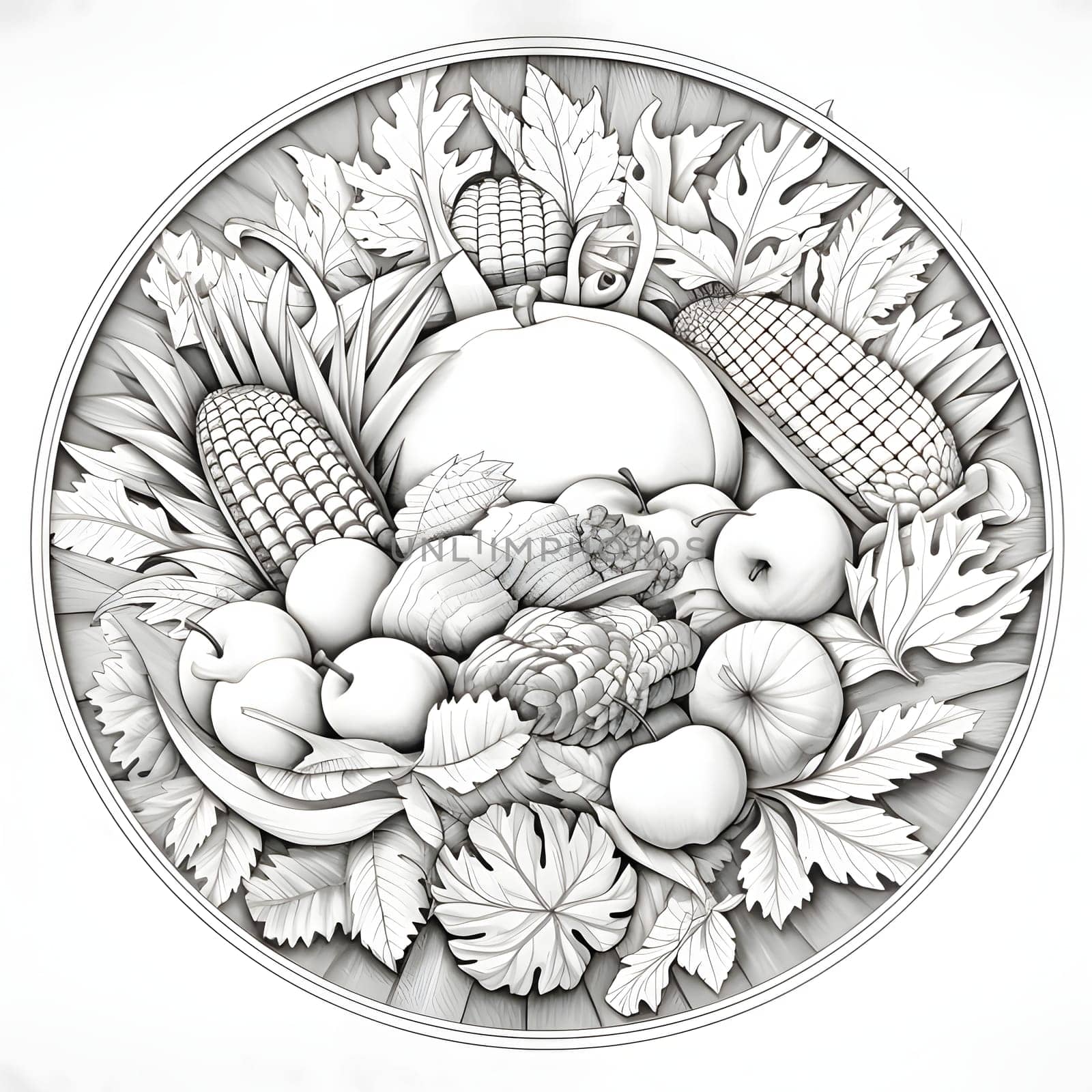 Black and White illustration of vegetables fruit leaves in a circle. Corn as a dish of thanksgiving for the harvest, a picture on a white isolated background. by ThemesS