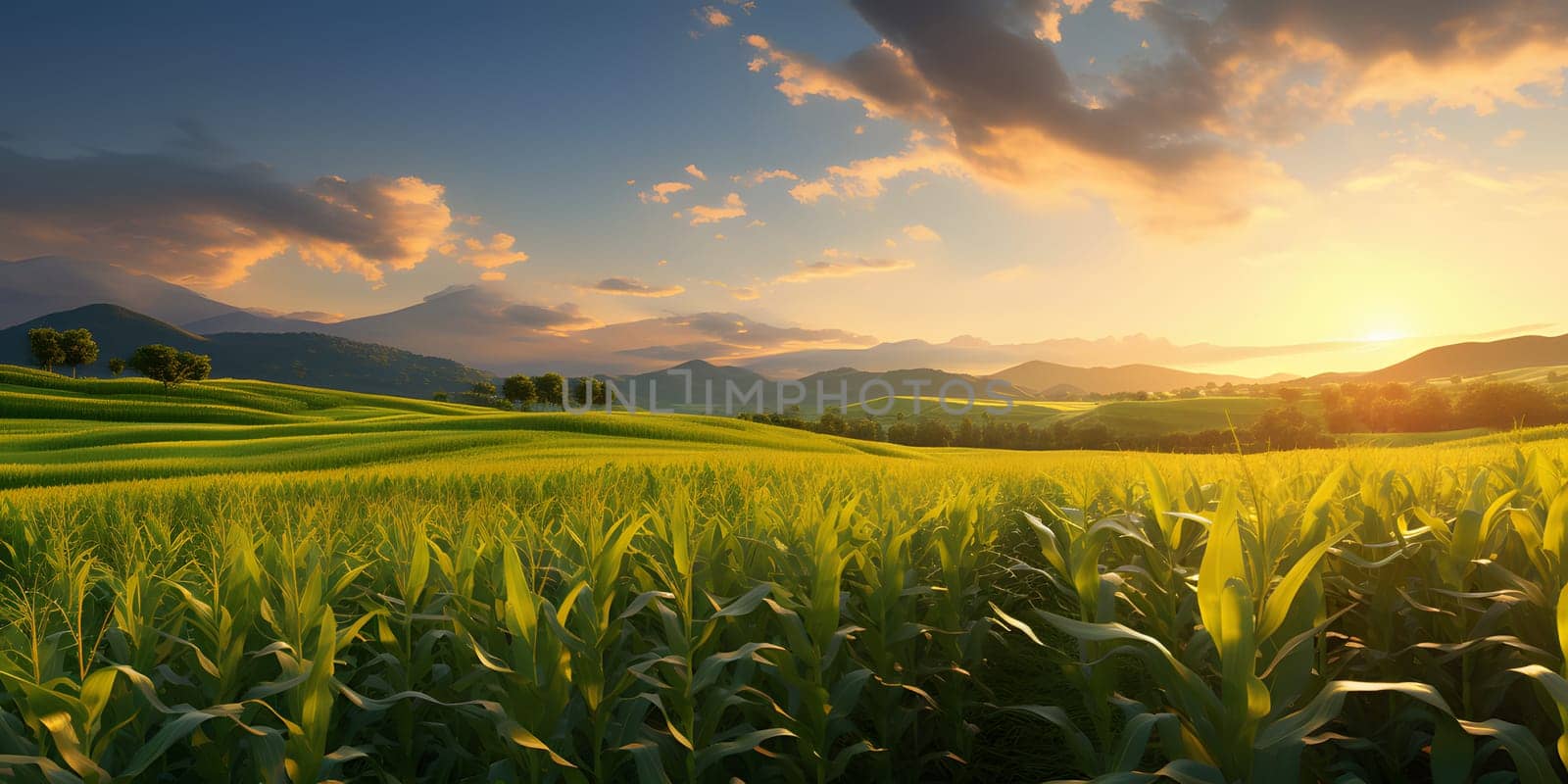 Photo on stretching corn field of meadows, trees, mountains, sunset or sunrise. Corn as a dish of thanksgiving for the harvest. An atmosphere of joy and celebration.