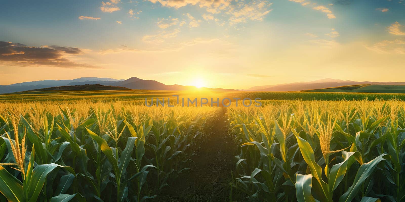 Photo on stretching corn field of meadows, trees, mountains, sunset or sunrise. Corn as a dish of thanksgiving for the harvest. by ThemesS