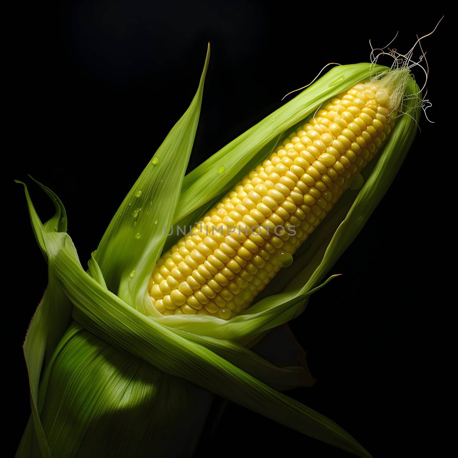 Yellow corn cob in leaf on black background. Corn as a dish of thanksgiving for the harvest. An atmosphere of joy and celebration.