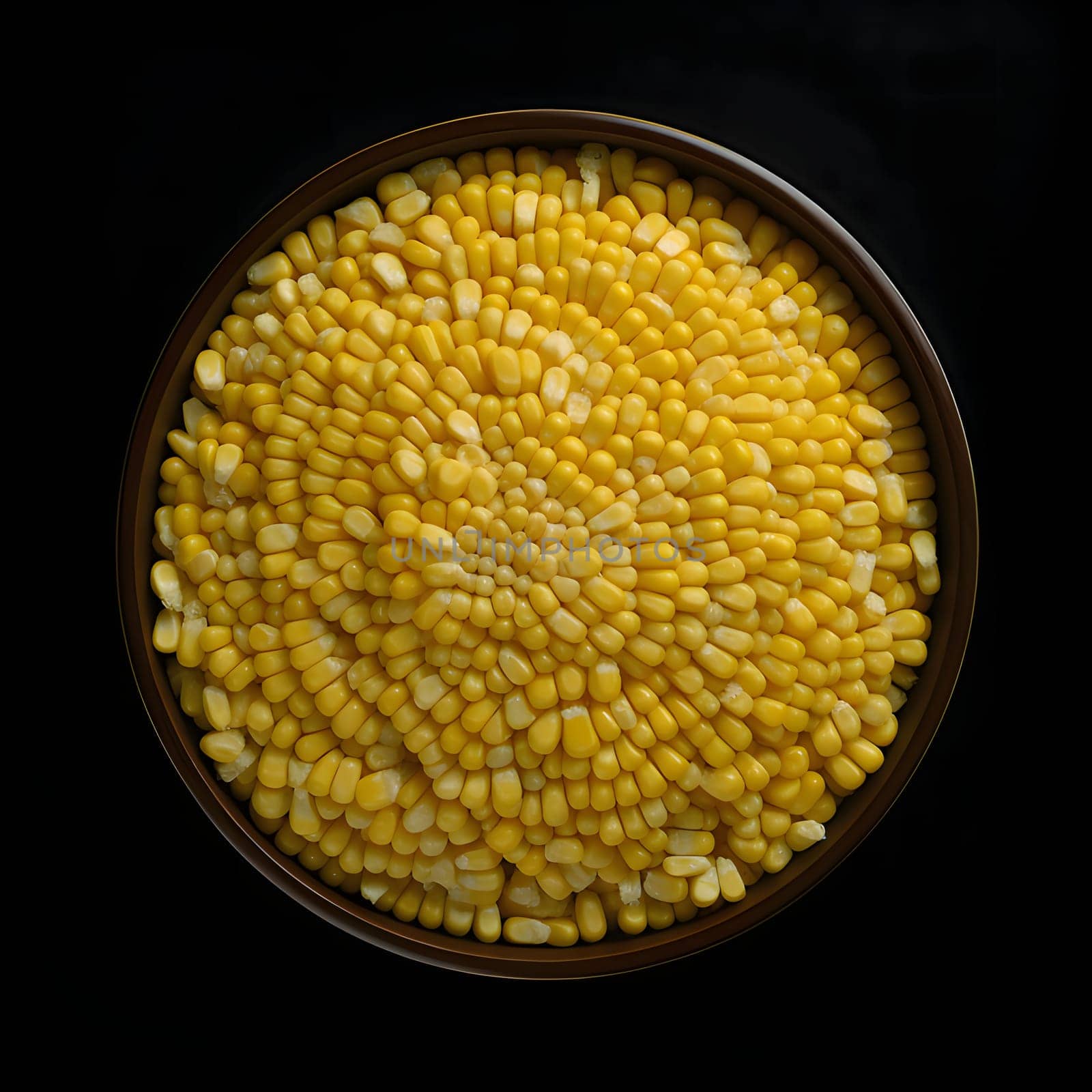 View from above of a bowl full of yellow corn kernels isolated on a black background. Corn as a dish of thanksgiving for the harvest. An atmosphere of joy and celebration.