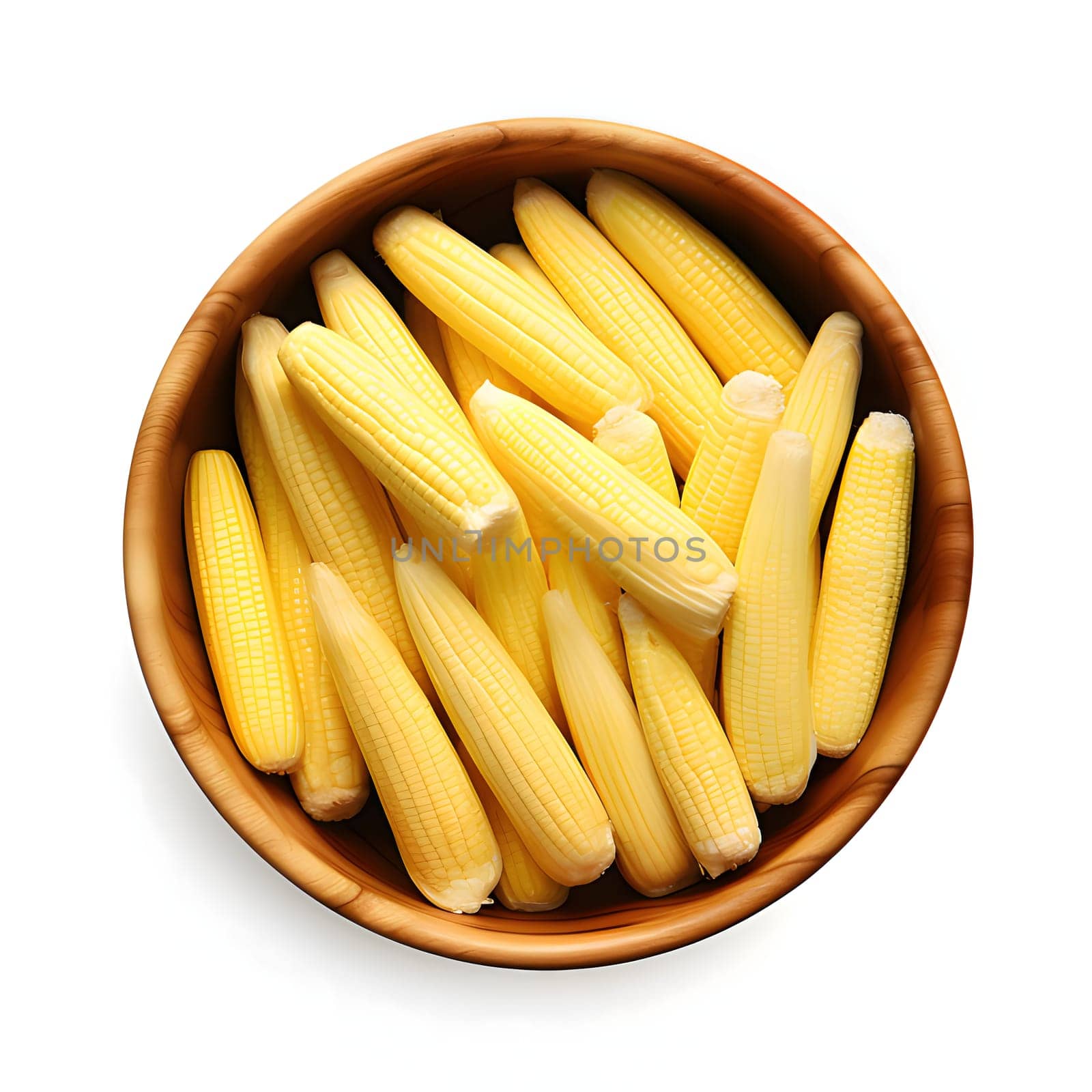 Top view of a bowl full of yellow corn cobs. Corn as a dish of thanksgiving for the harvest, a picture on a white isolated background. by ThemesS