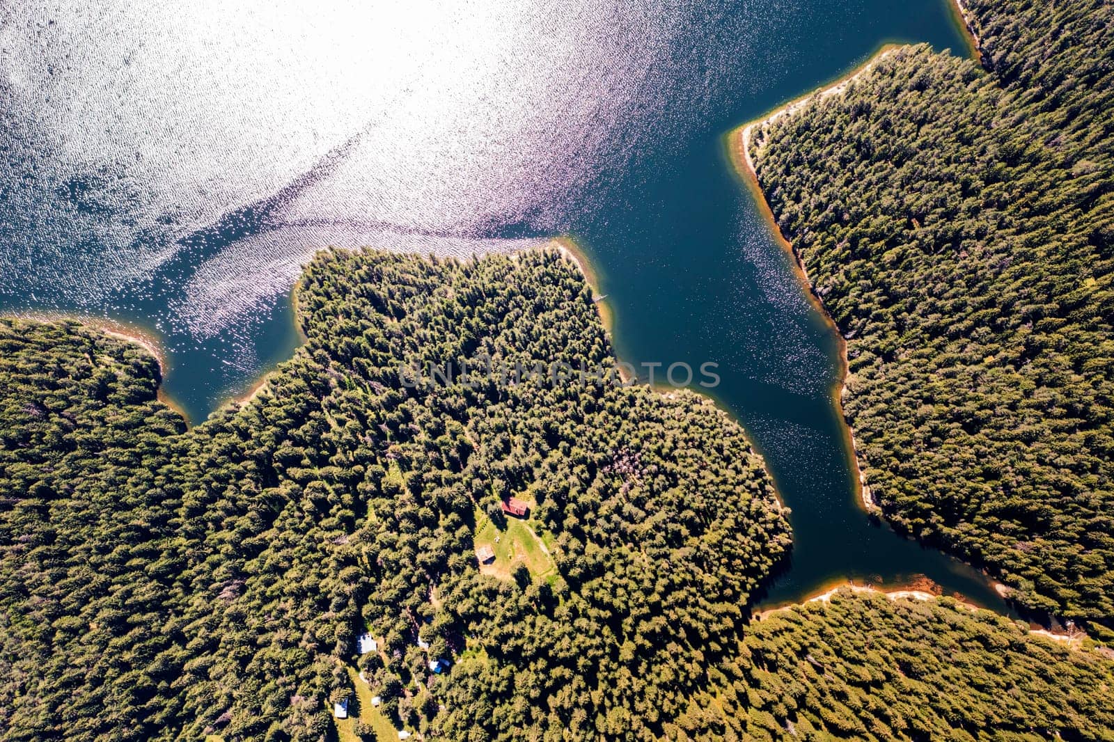 Aerial view of the amazing lake coast with shining water at Dam Shiroka Polyana, Bulgaria by EdVal