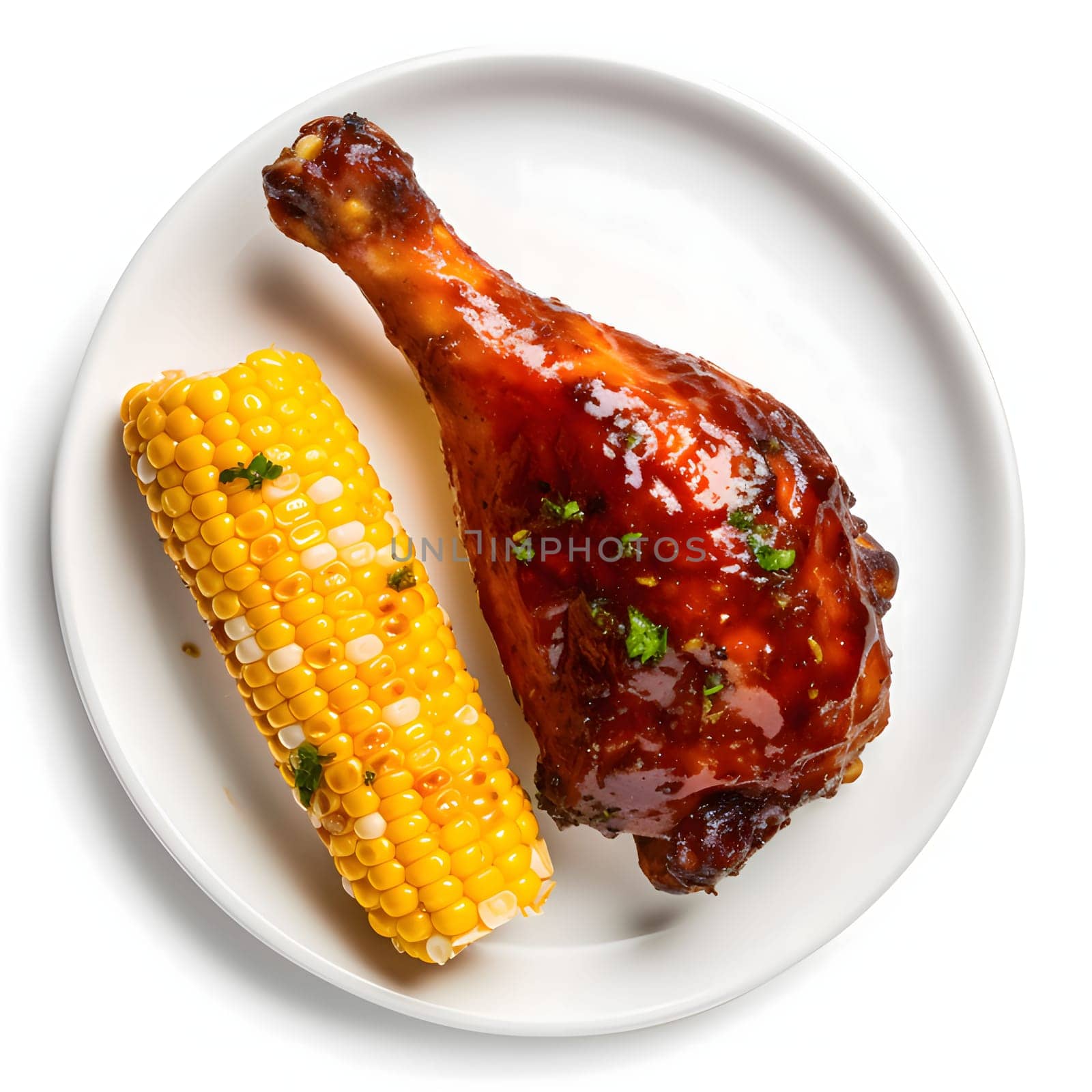 Top view of a plate with a baked chicken leg and a cob of corn on it. Corn as a dish of thanksgiving for the harvest, a picture on a white isolated background. An atmosphere of joy and celebration.