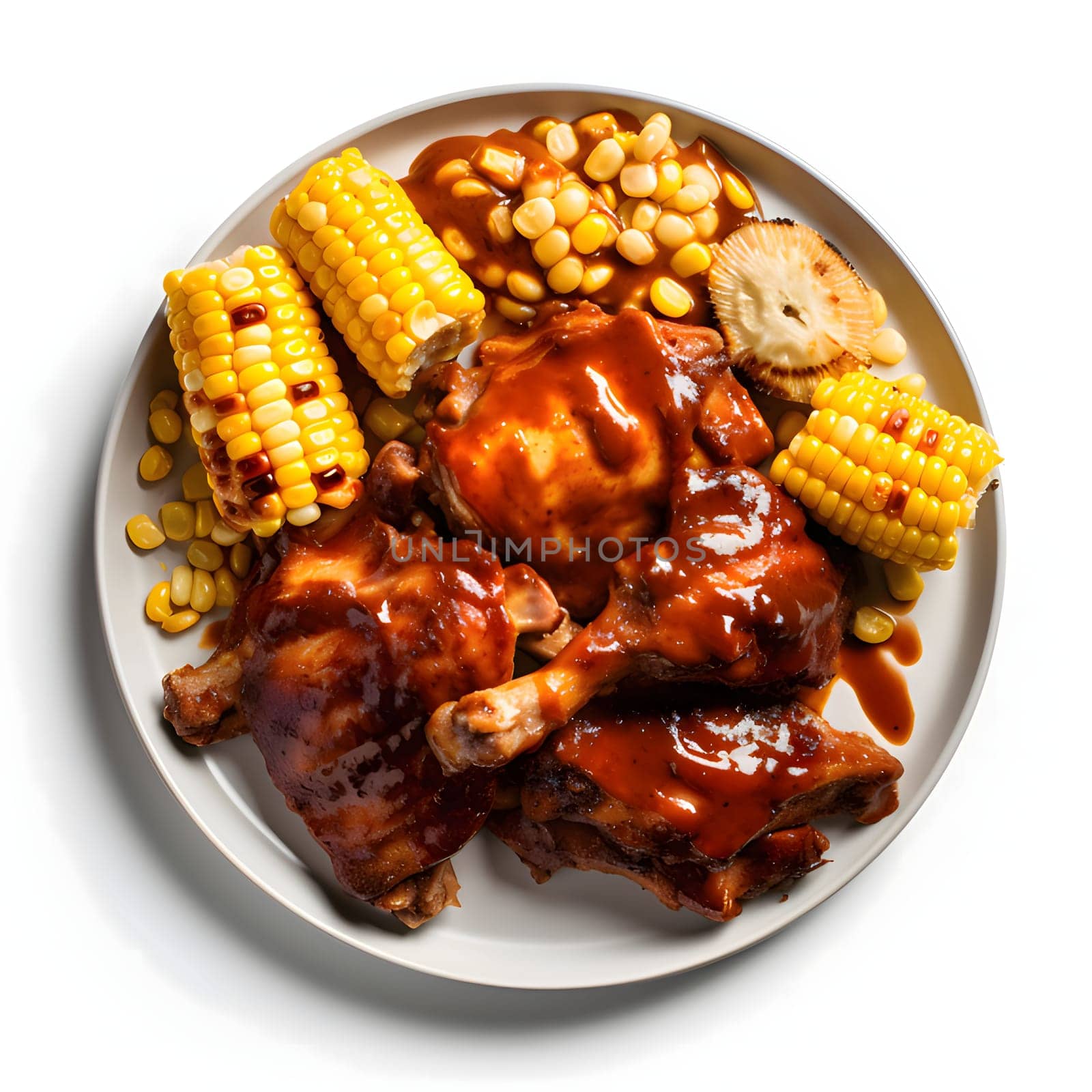 Top view of a plate with roasted chicken thighs and corn cobs on it. Corn as a dish of thanksgiving for the harvest, a picture on a white isolated background. An atmosphere of joy and celebration.