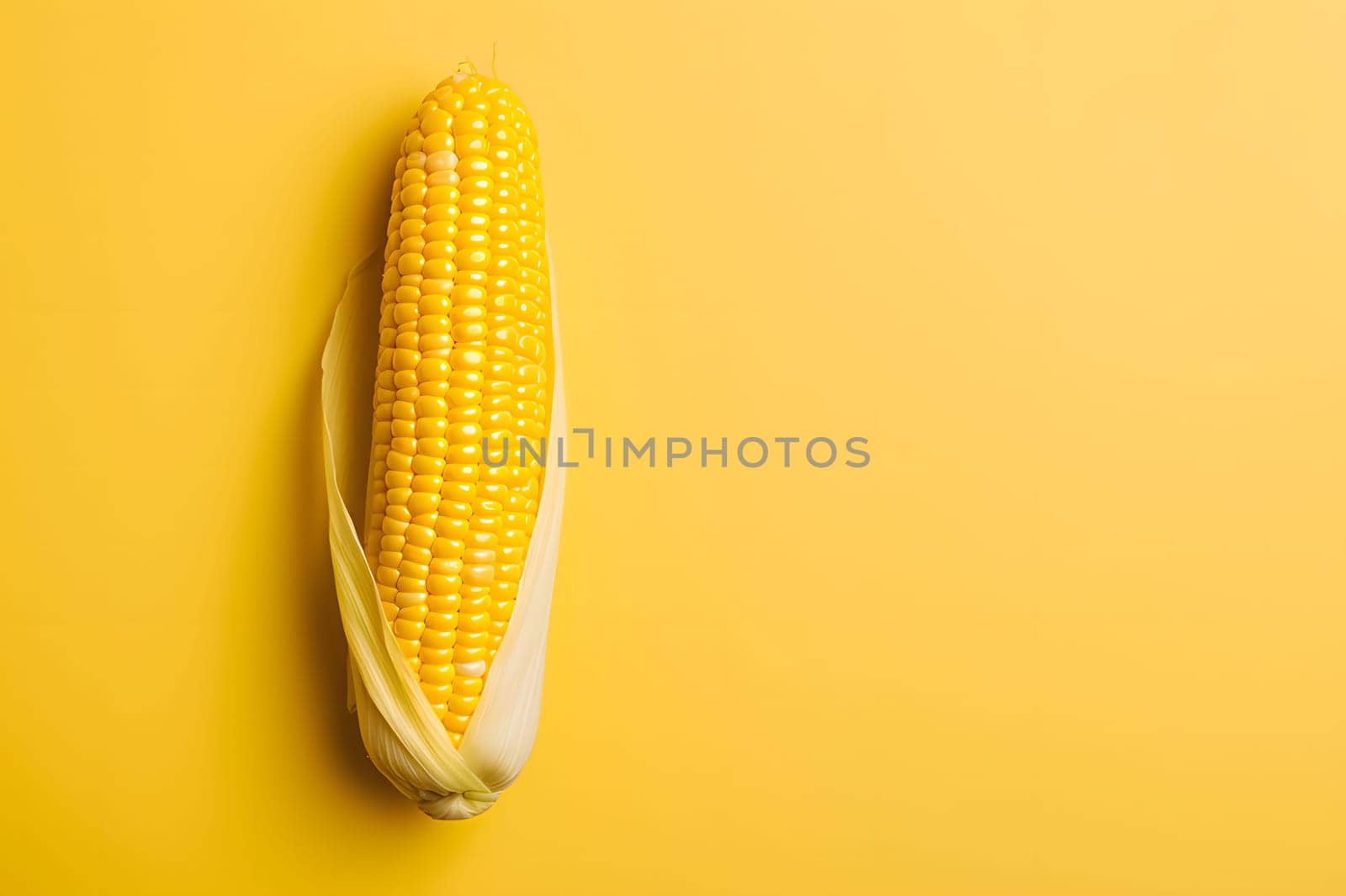 Lying on the side of the corn cob on a bright yellow-orange background., banner with space for your own content. Blurred background. Blank space for caption.