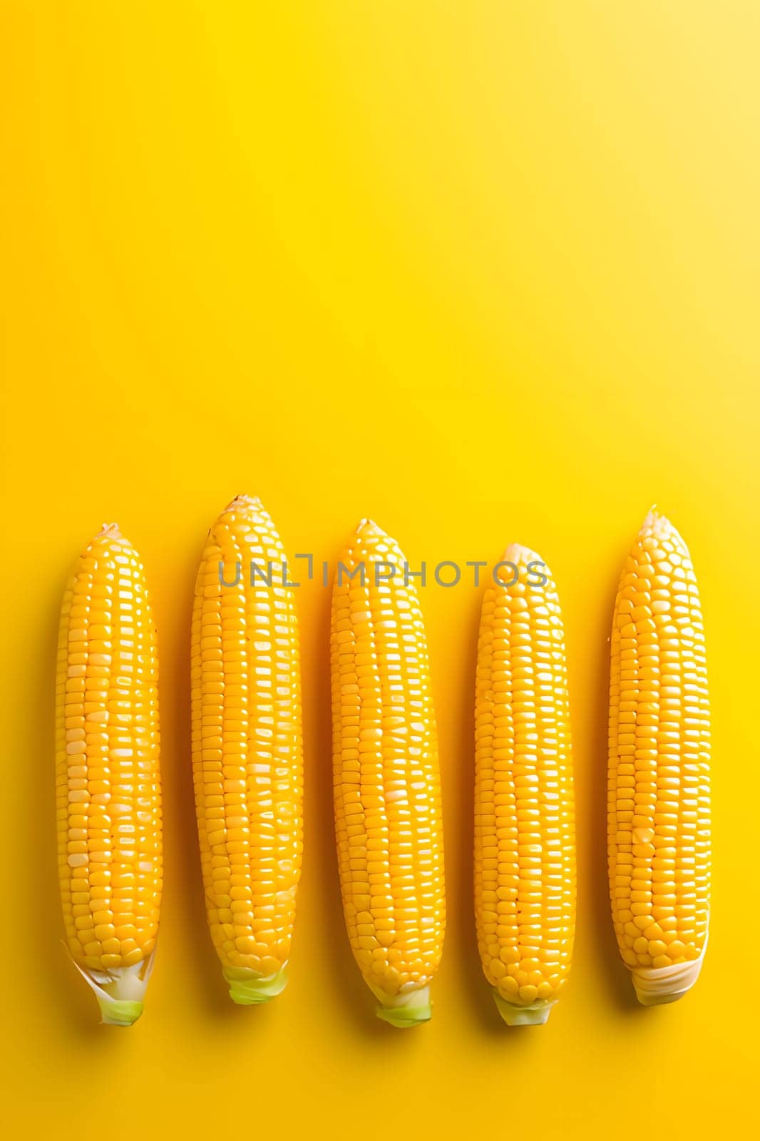 Lying at the bottom yellow corn cobs on a bright yellow orange background., banner with space for your own content. Blurred background. Blank space for caption.