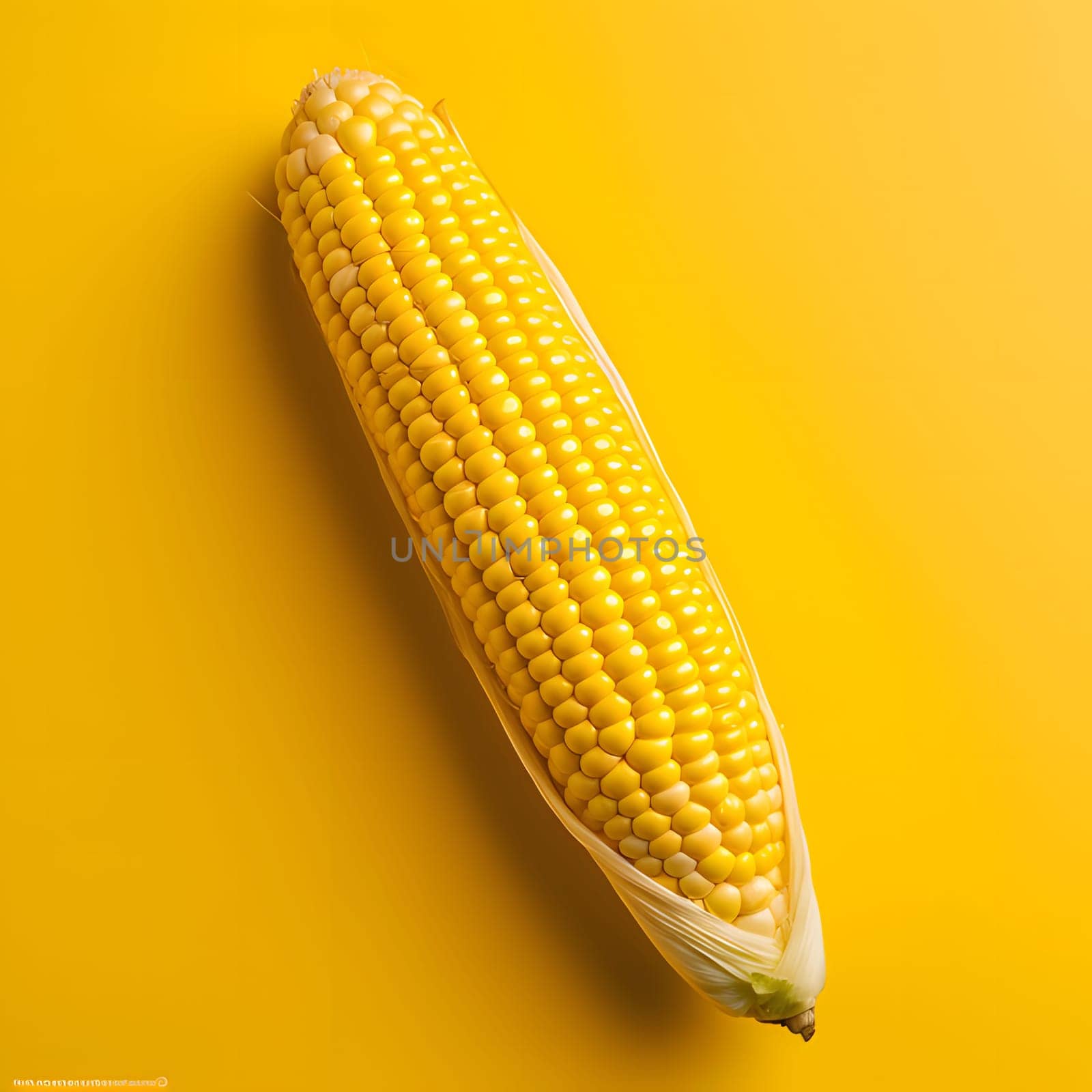 Lying on the side of the corn cob on a bright yellow-orange background., banner with space for your own content. Blurred background. Blank space for caption.