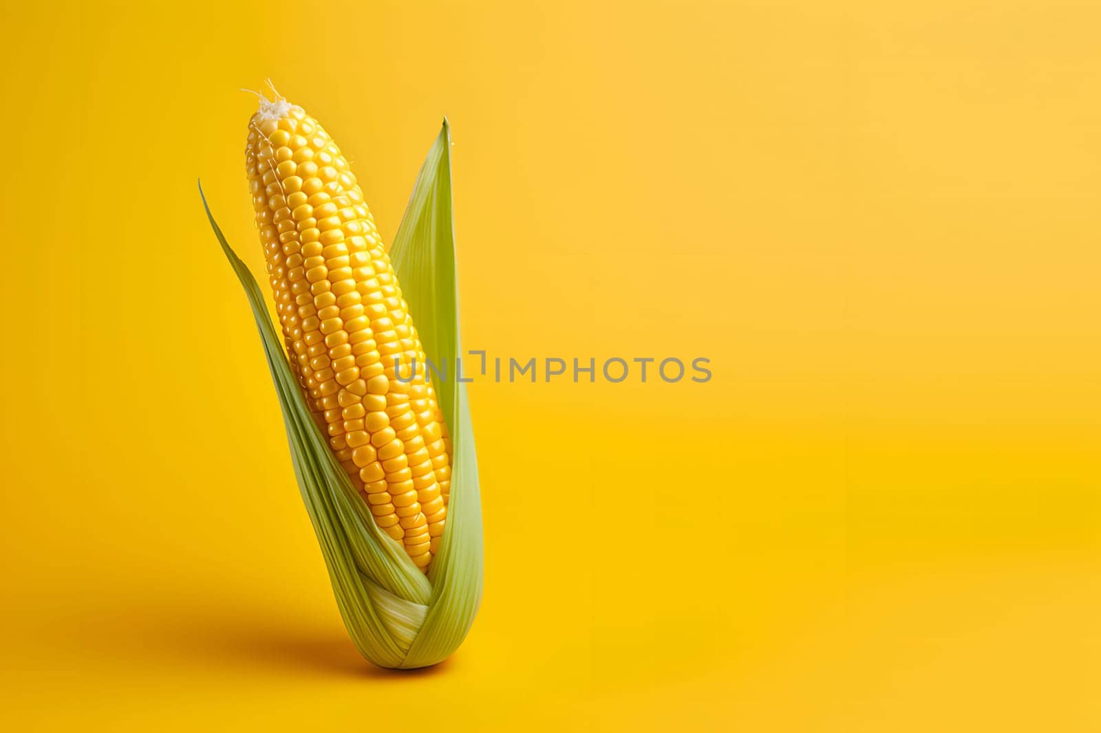 Standing on the side of the corn cob on a bright yellow and orange background., banner with space for your own content. Blurred background. Blank space for caption.